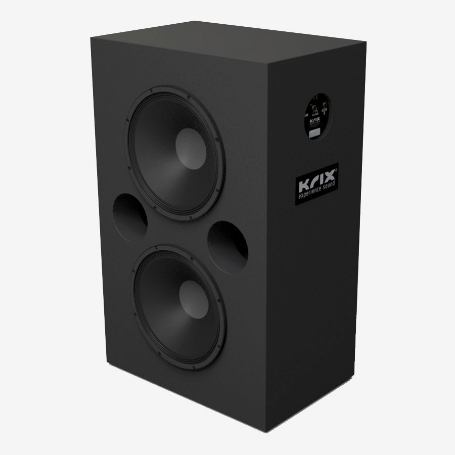 Black KRIX speaker with two visible woofers and port holes.