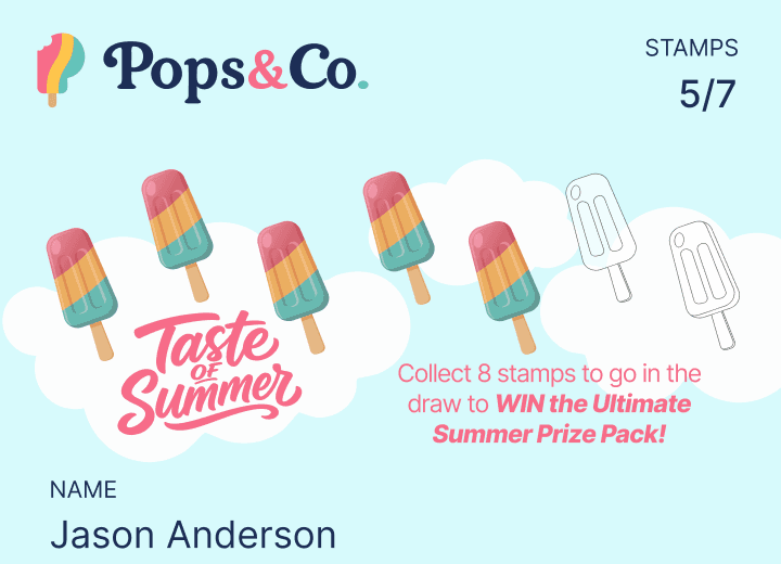 `Pops and Co digital stamp card showing 5 of 7 stamps collected for the Taste Summer promotion`