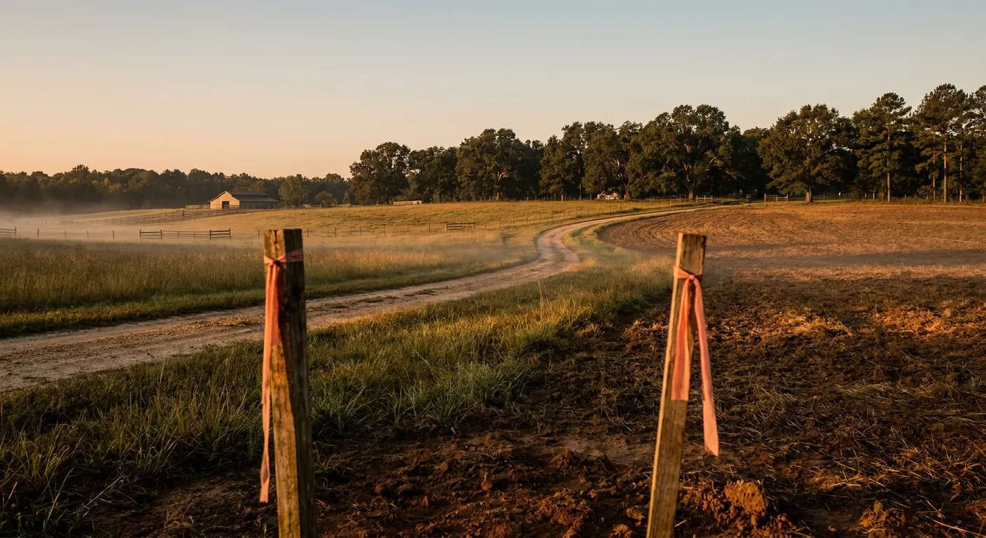 Sunrise over a misty farm landscape, ideal for RockN' Socials Digital Marketing.