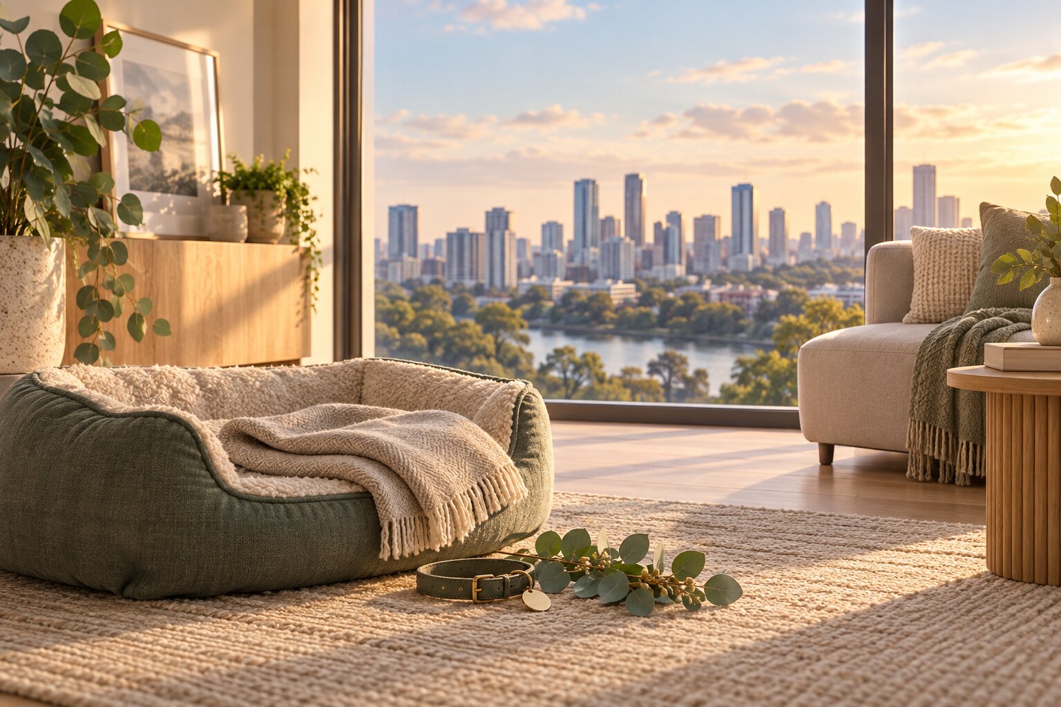 Conceptual illustration of a quiet Brisbane City apartment prepared for respectful pet collection