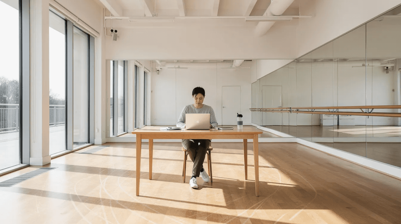 A person is seated at a sleek desk in a bright, modern dance studio, working intently on a laptop. The space is filled with natural light, creating an inspiring environment for analyzing data and generating reports.