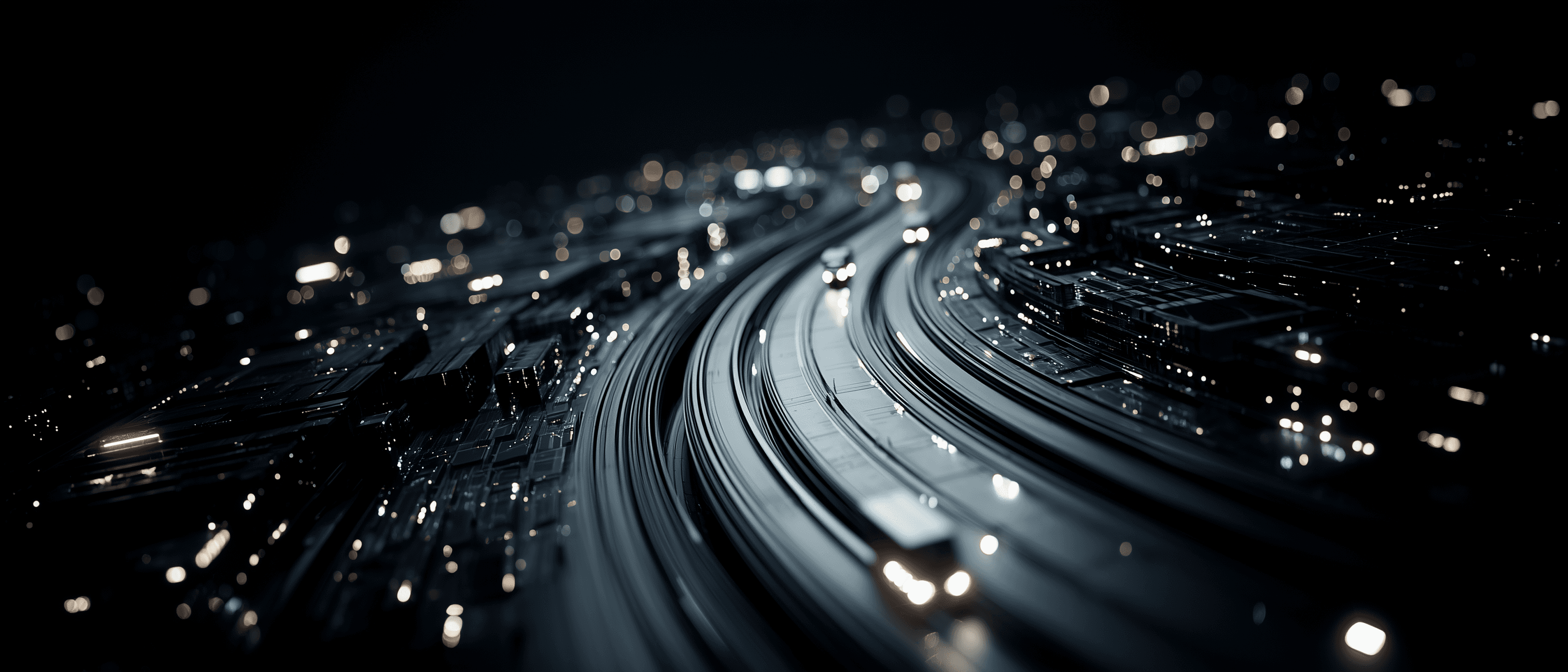 Abstract dark logistics network with flowing illuminated lanes and light trails suggesting high-speed parcel movement and continuous operational routing.
