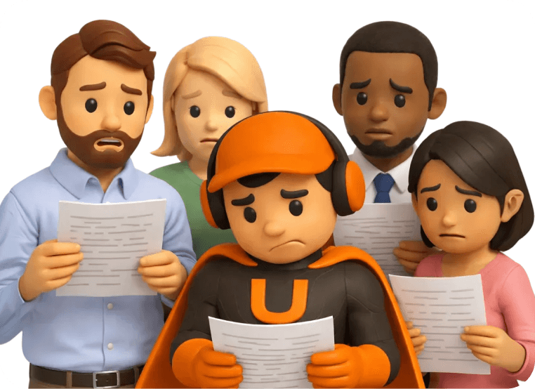 Mascot and team holding paper and reading with different 