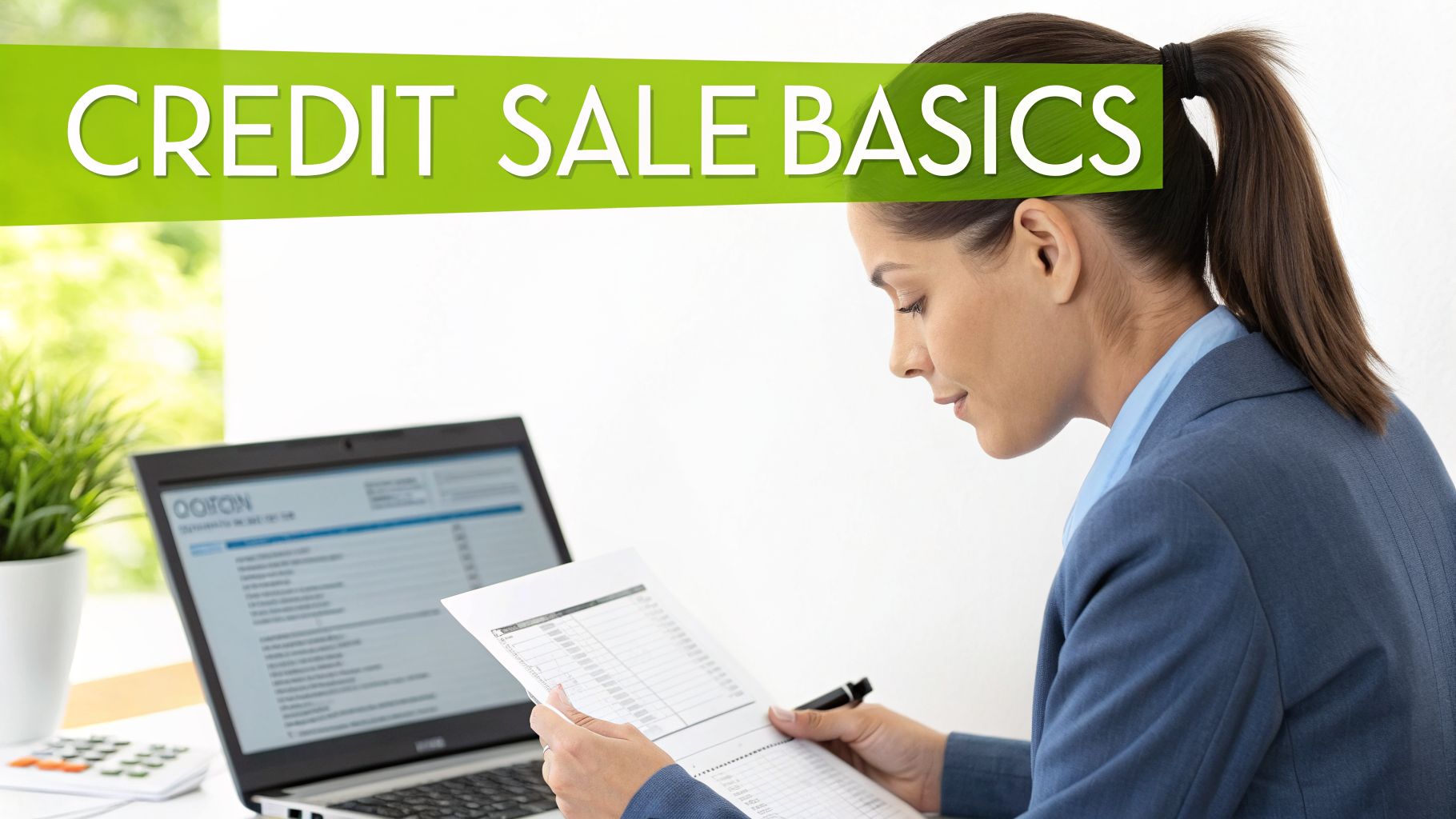 A woman reviews documents with a laptop and calculator on a desk, with 'CREDIT SALE BASICS' banner.