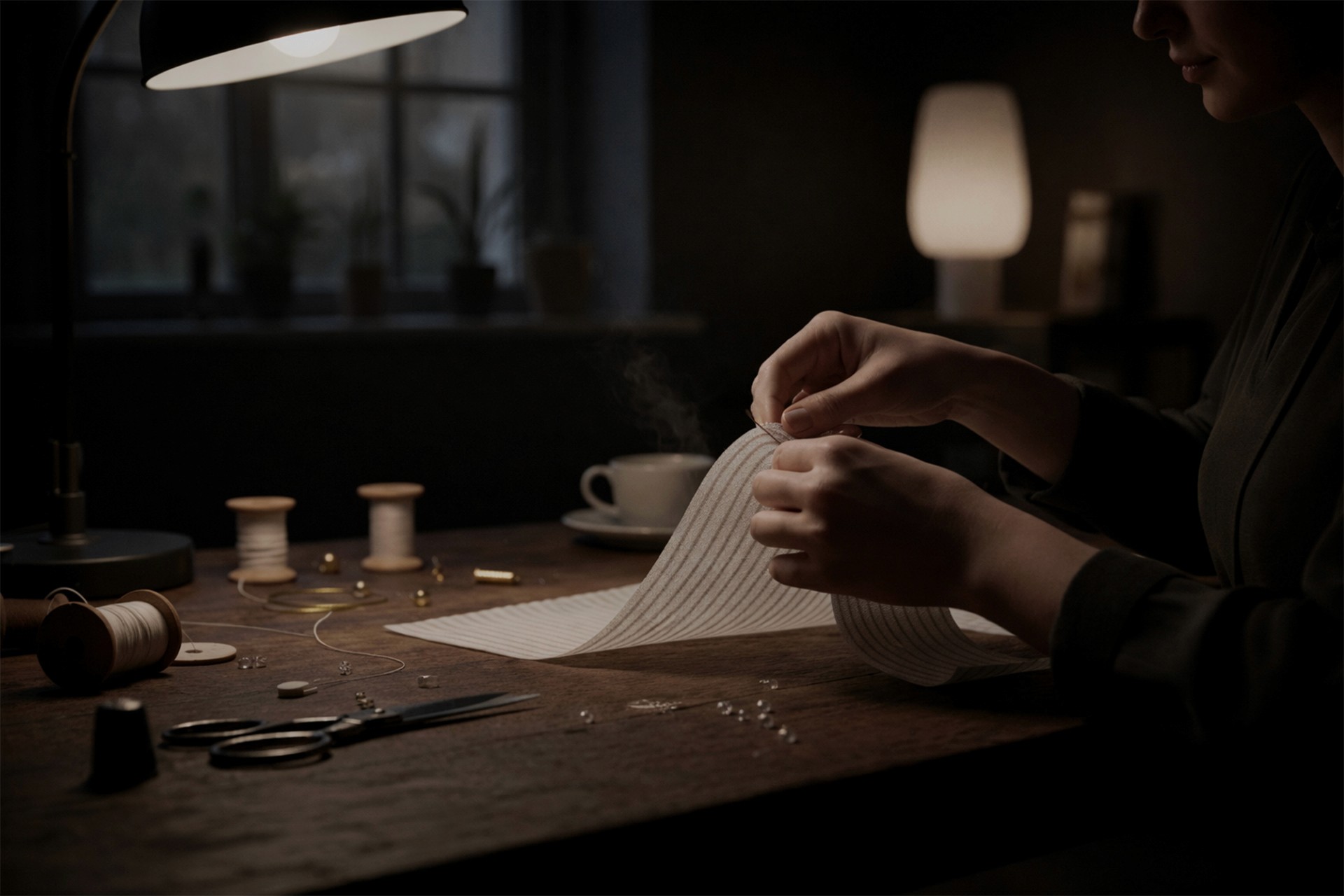 Close-up of hands sewing a ribbed, cream-colored textile on a wooden table under a warm desk lamp.