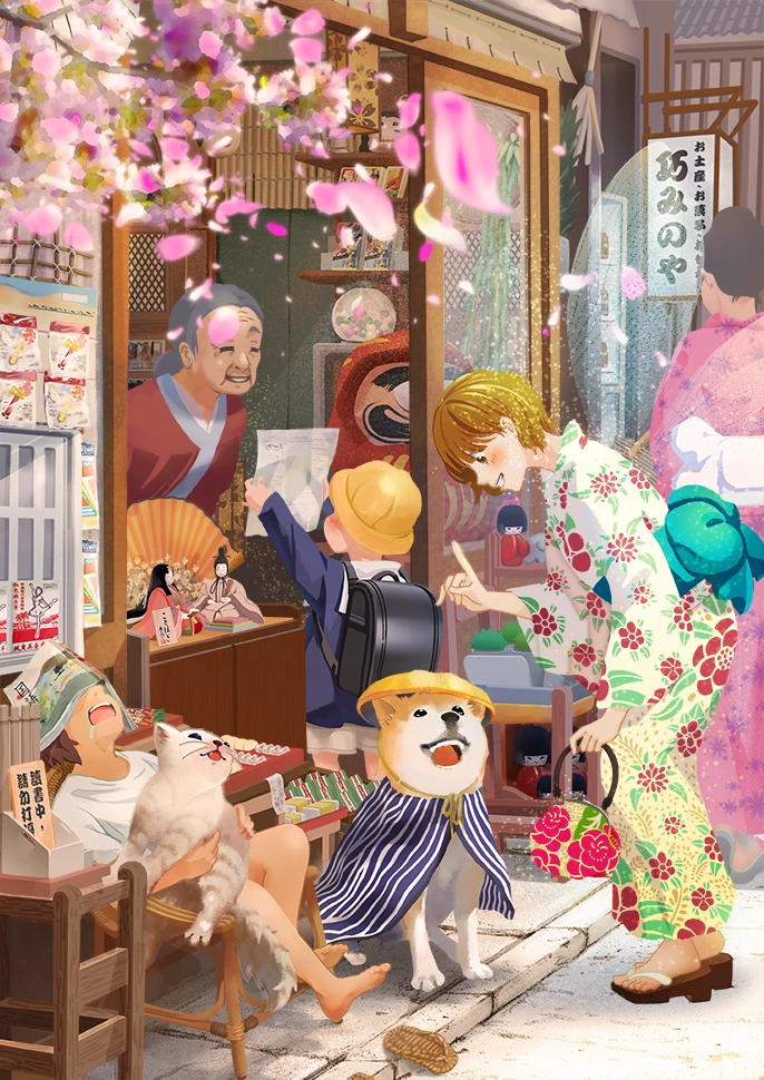 本作品以「日式老街雜貨鋪」為核心，描繪春日午後溫暖又熱鬧的生活場景。櫻花花瓣隨風飄落，小孩拿著地圖詢問老舖店主、穿著浴衣的女孩駐足指引方向、睡著的少年與貓咪、以及披著披肩的柴犬共同構成一幅細節滿滿的故事畫面。  整體色調以柔和的日系光影渲染，搭配豐富物件、表情、互動細節，營造出「充滿人情味的小城物語」。 這件作品著重在： 	•	扎實的場景構圖與空間氛圍 	•	人物表情與互動的敘事感 	•	細膩的日系街景物件刻畫（達摩、繪馬、和紙、雜貨、和服布紋等） 	•	春季氛圍的光影與花瓣流動感  是一幅以故事性為主軸的完整場景插畫作品，呈現溫暖、趣味與生活感。