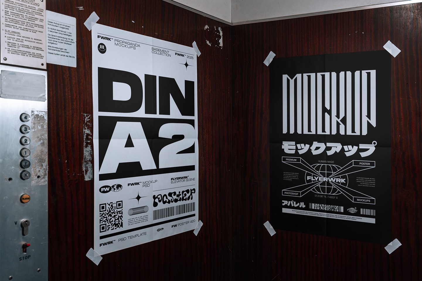 Elevator Poster Mockup showcasing bold black and white industrial event posters taped to a vintage elevator wall