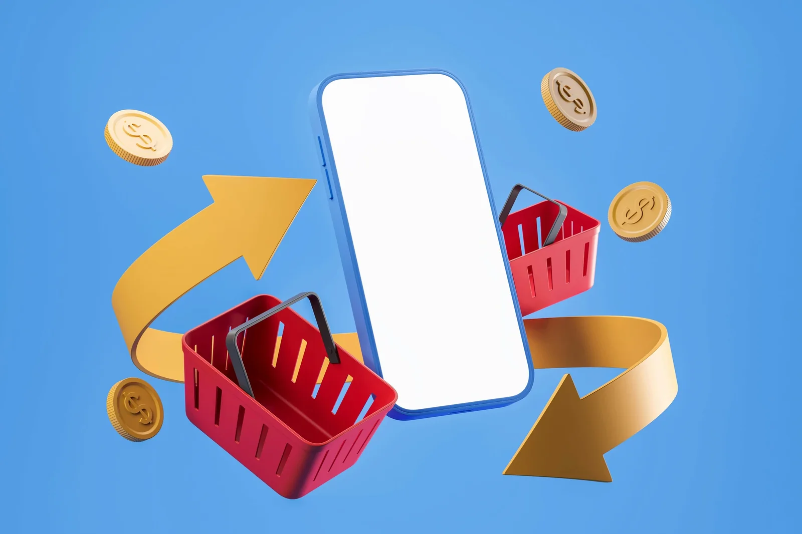 Smartphone with shopping baskets, upward arrow, coins, and star symbol on blue background representing e-commerce growth and loyalty rewards.