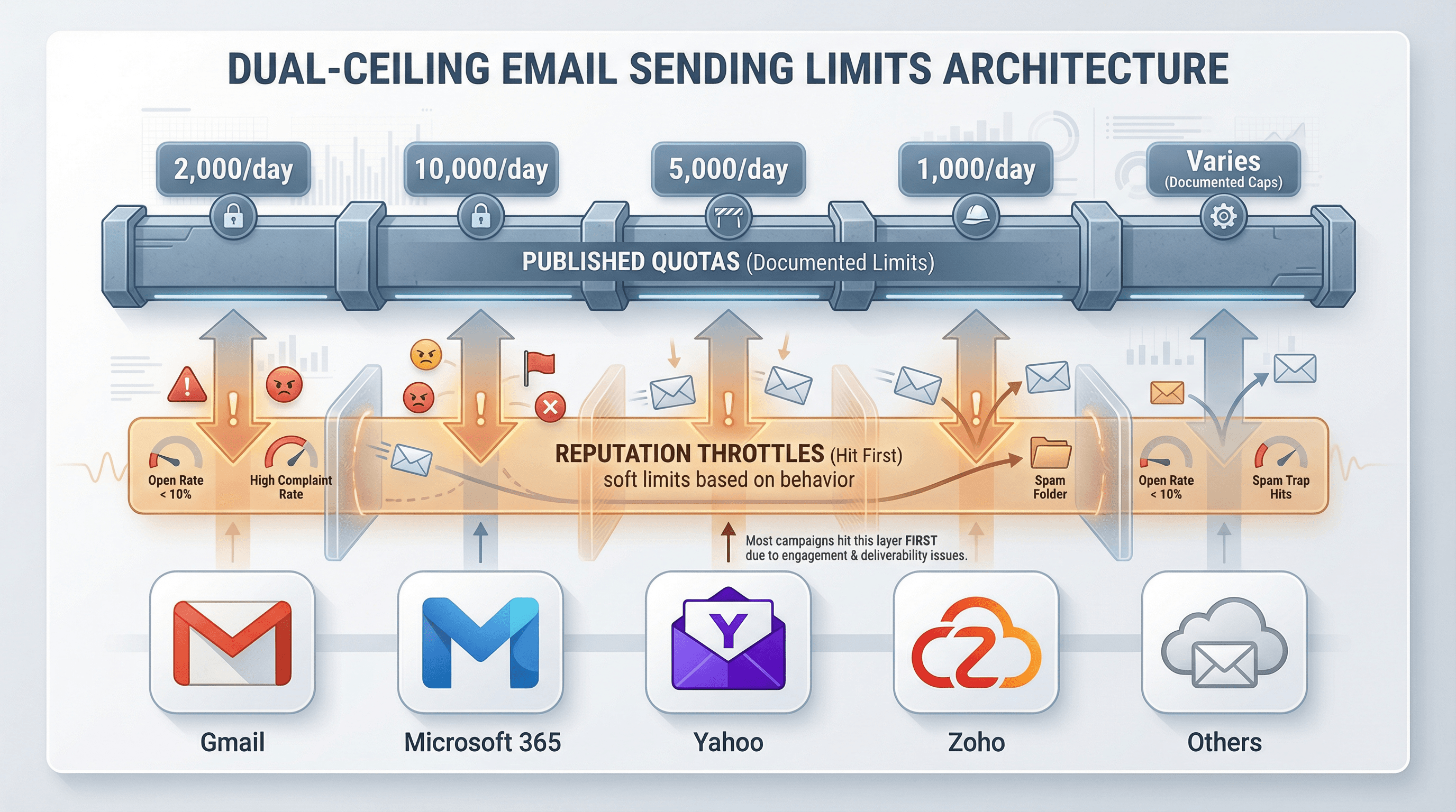 Conceptual diagram showing email providers with dual sending limits: published quotas and hidden reputation throttles