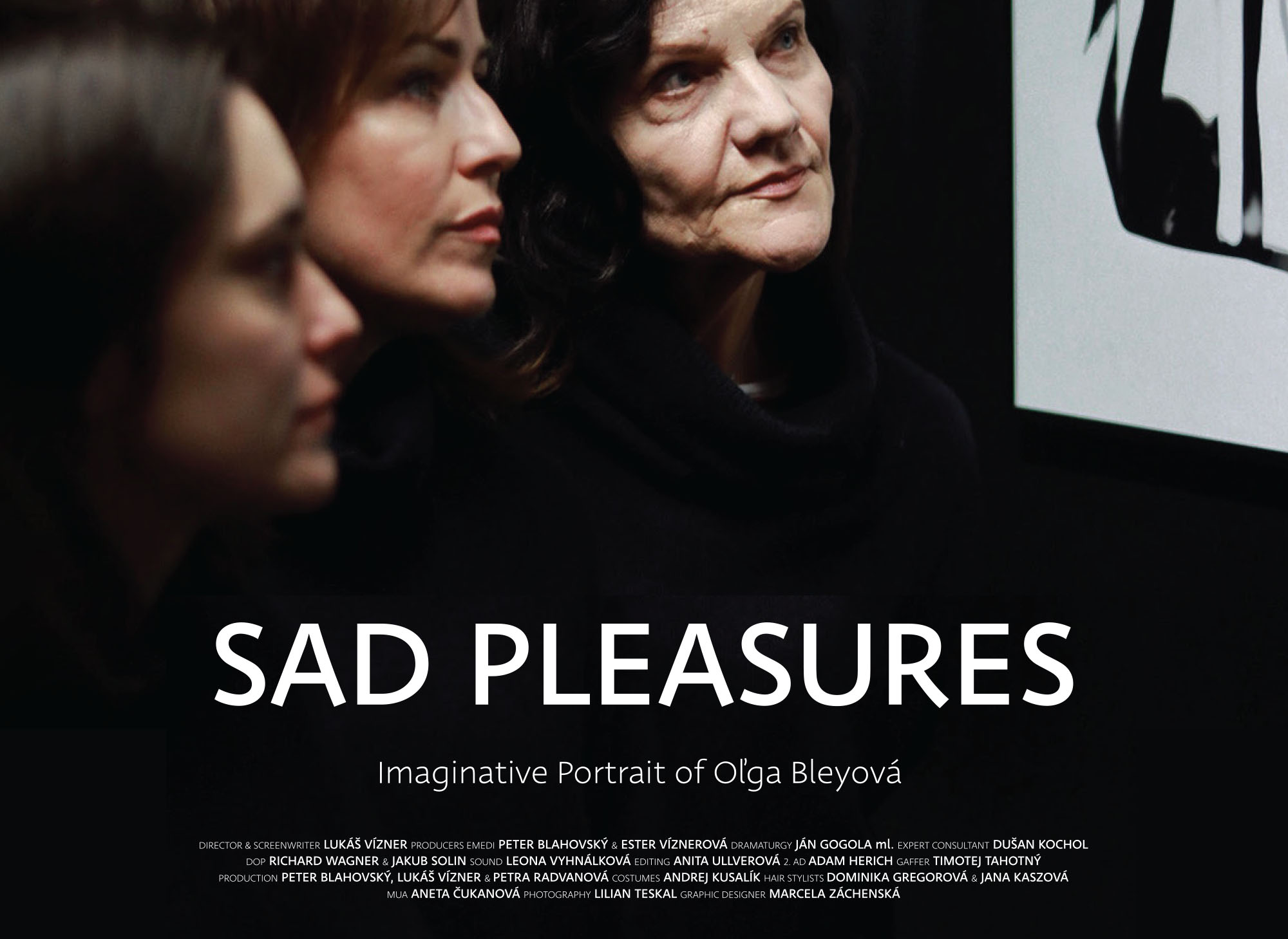 Movie poster for the film "Smutné rozkoše" produced by Emedi Productions, featuring actresses Jana Oľhová, Soňa Norisová, and Judit Pecháček looking at a painting, with the movie title and credits set in the Deva Ideal typeface.