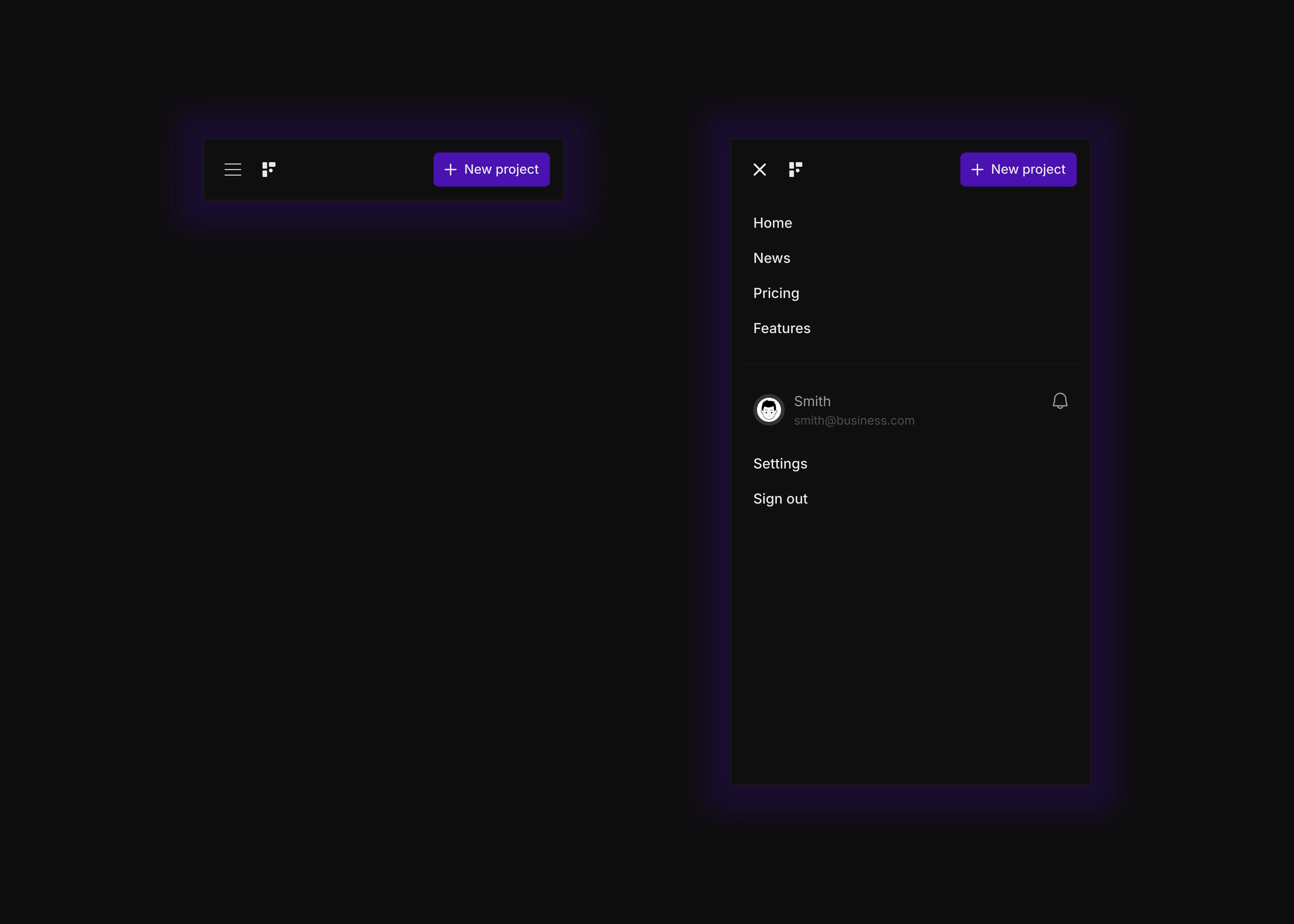 A dark themed navigation bar with user buttons and navigation texts with brand logo. This image is for tablet and mobile screen sizes.