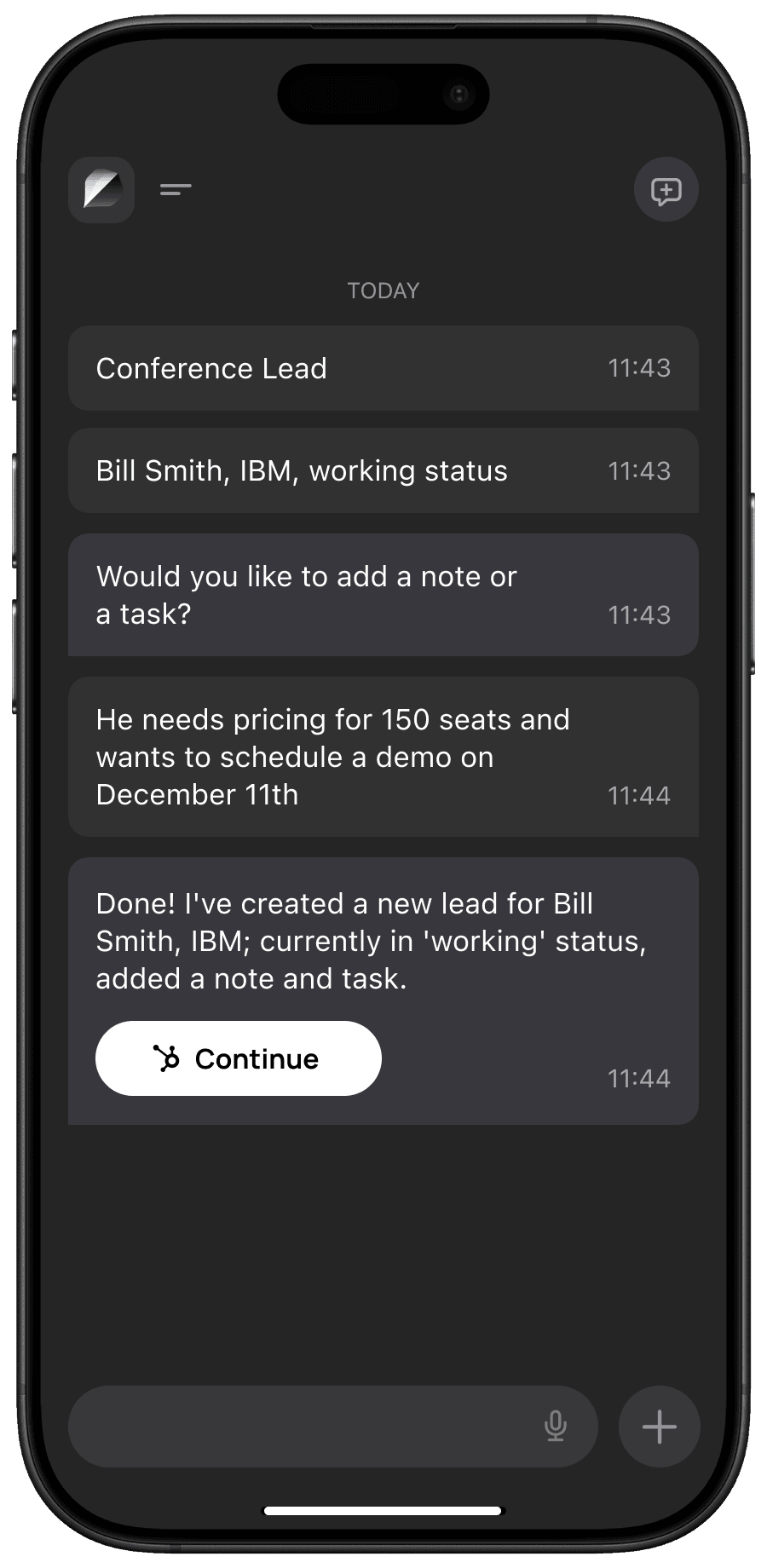 Screenshot of chat with a client