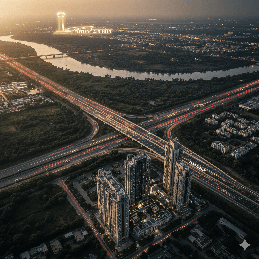 Luxury apartment view from Noida Expressway, fast connectivity
