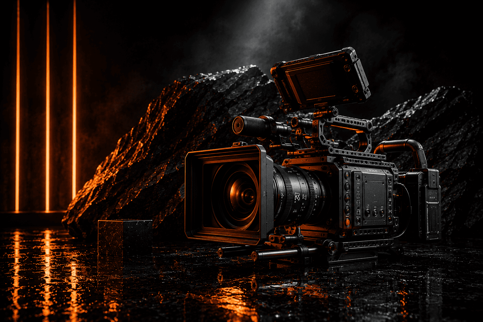Professional cinema camera rig with orange accents, on a wet, reflective surface, with dramatic lighting and a rocky backdrop.