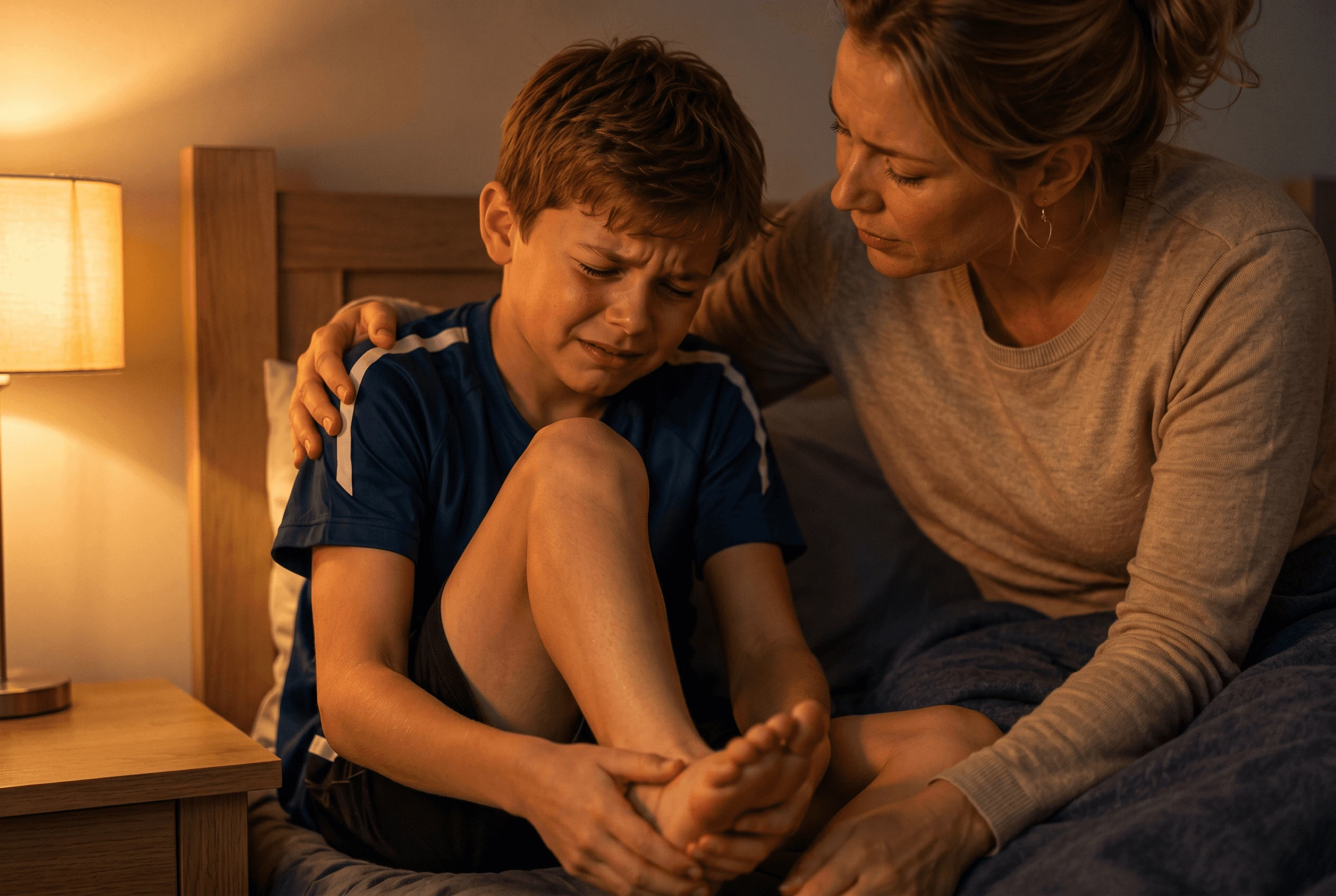 Young boy sitting on his bed at night holding his heel in pain while his mother comforts him