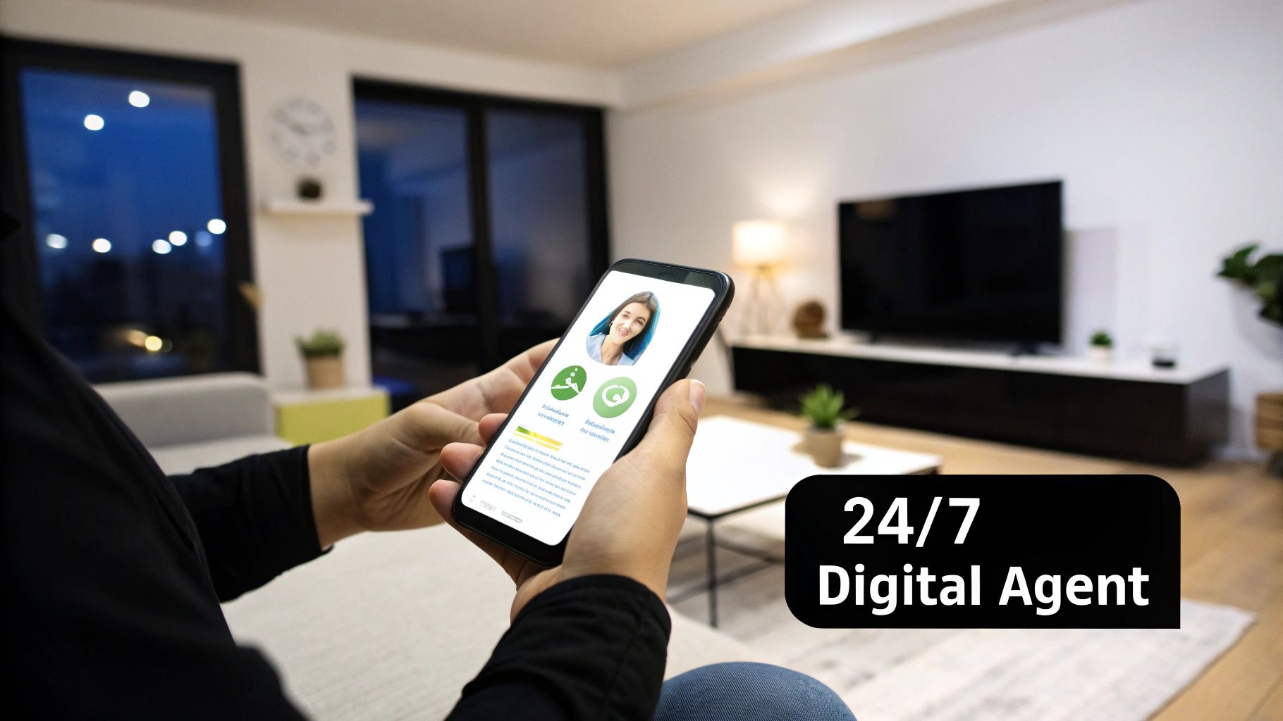 A person interacts with a 24/7 digital agent chatbot on a smartphone in a modern living room.