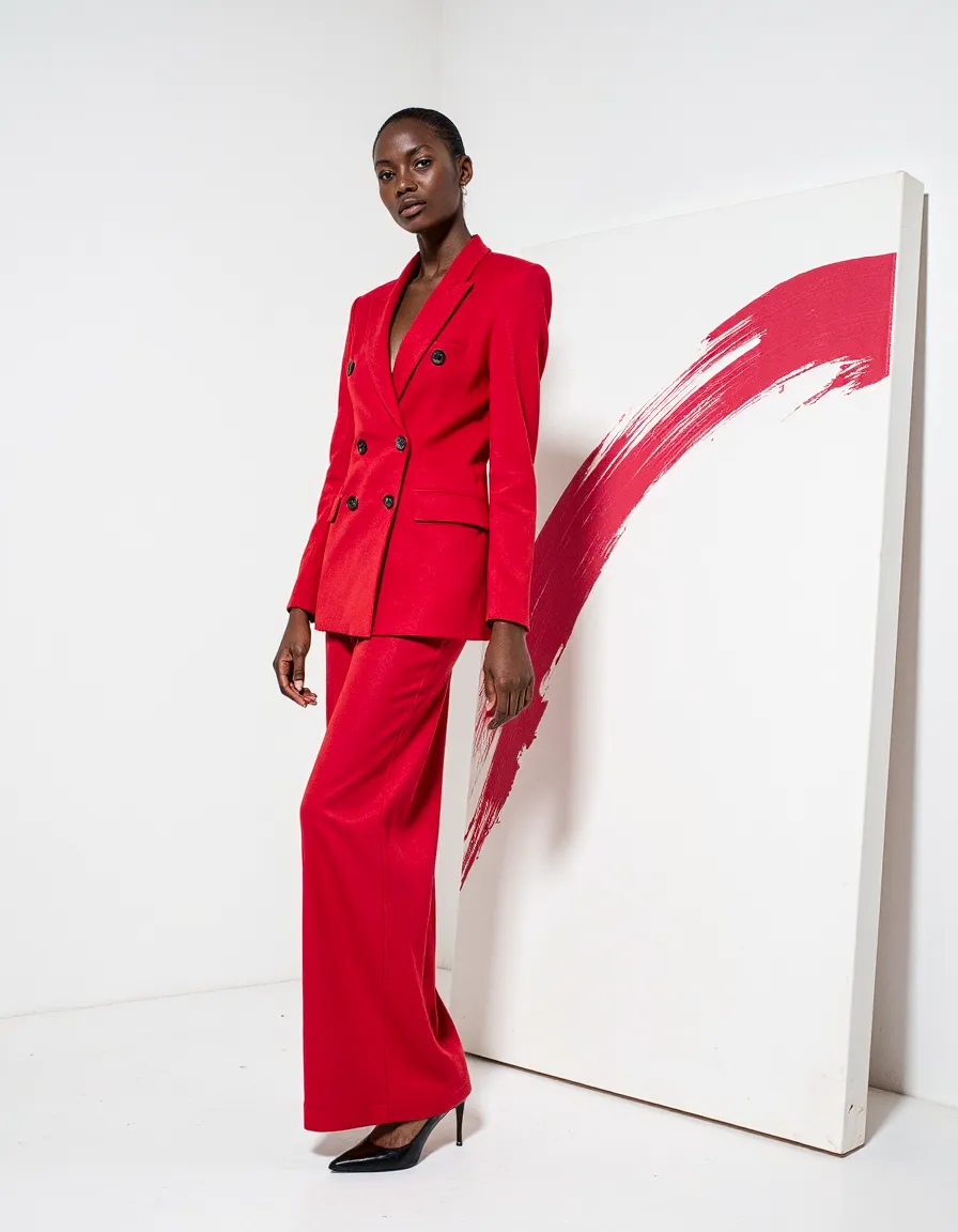 Woman in bold red power suit standing next to white canvas with red brushstroke in minimal studio setting