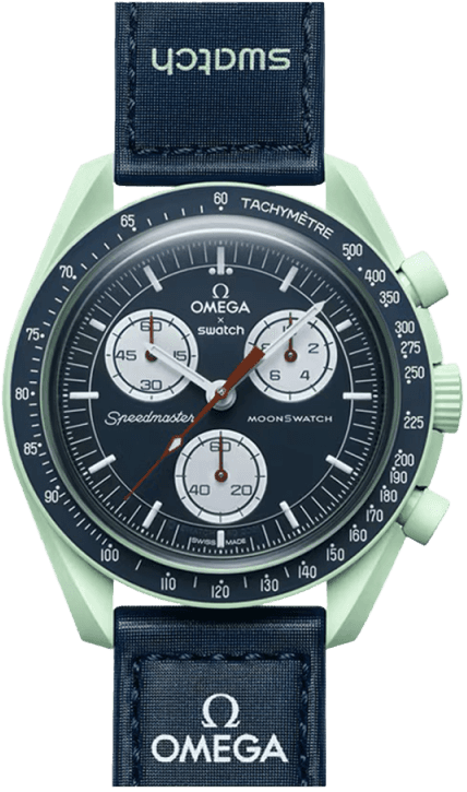 Swatch Moonswatch quartz watch, an Omega Speedmaster-style chronograph with a mint-green case and navy fabric strap.