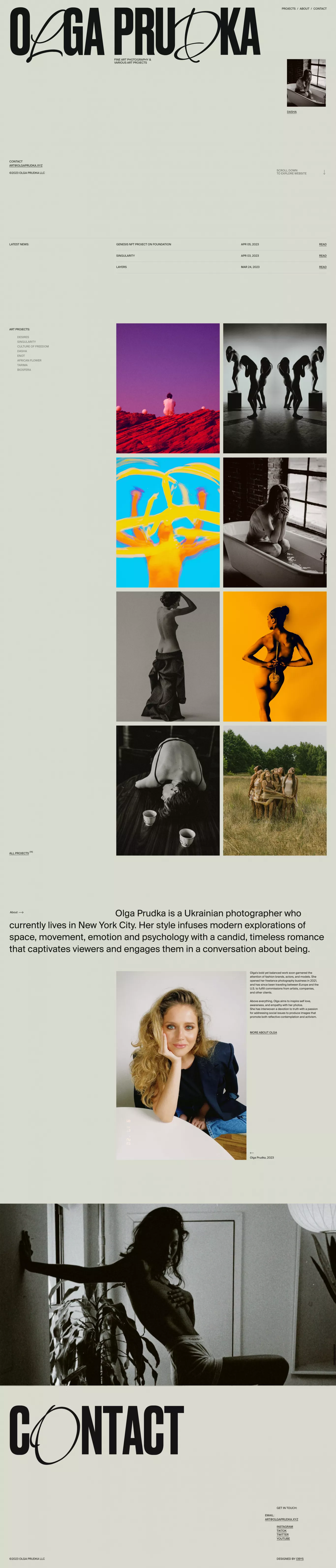 Homepage - Olga Prudka portfolio page screenshot showcasing Photography and Art design