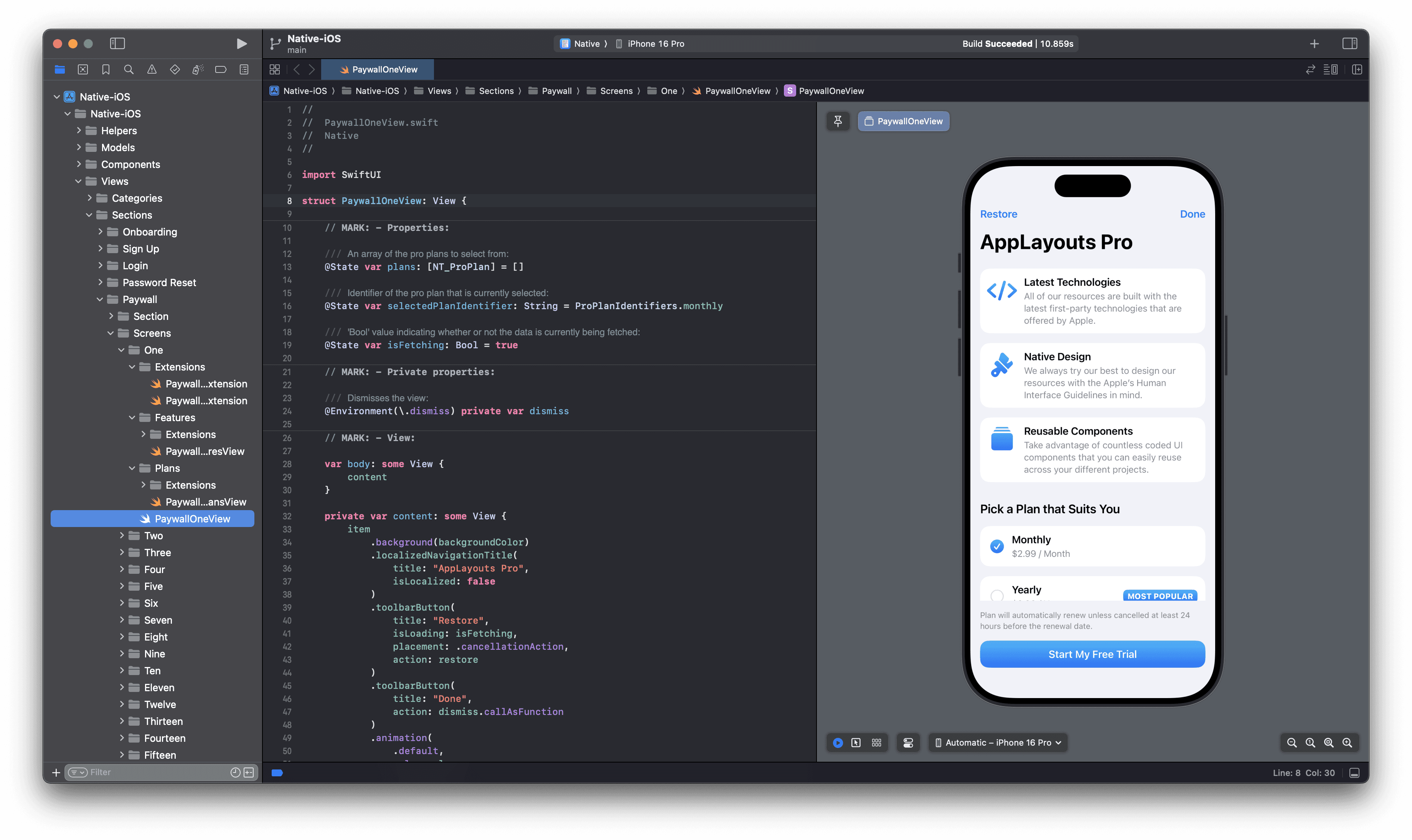 Xcode source code file for Native iOS template.