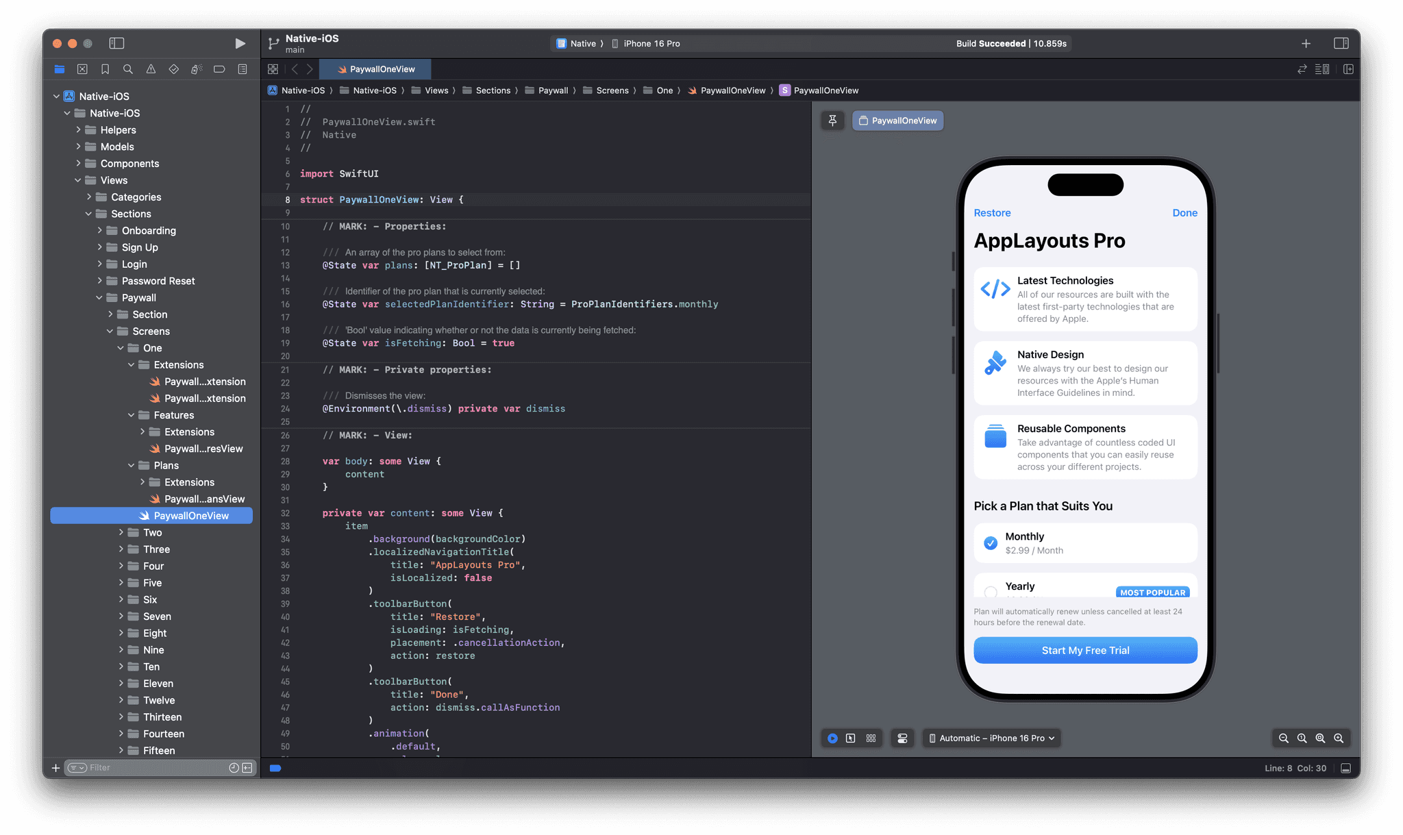 Xcode source code file for Native iOS template.