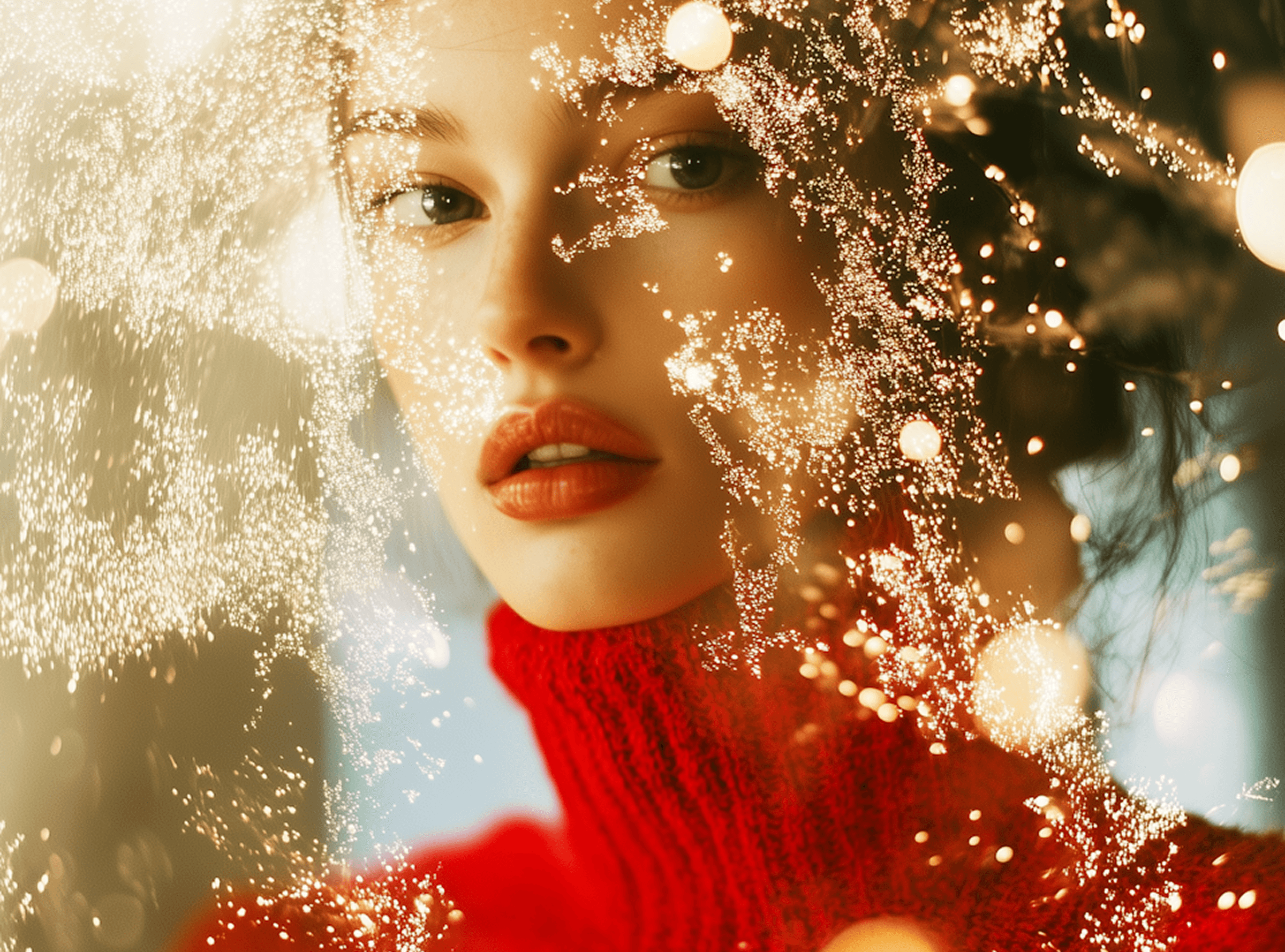  Reflection of a woman wearing a red sweater in a window, showcasing her silhouette against the backdrop outside.