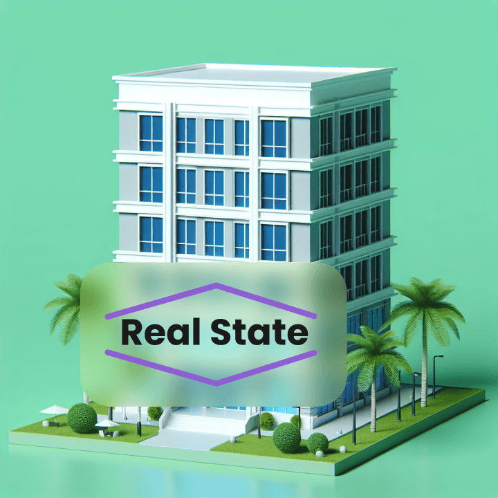 A 3d building with a logo that says “Real state” over a blurry rounded rectangular area