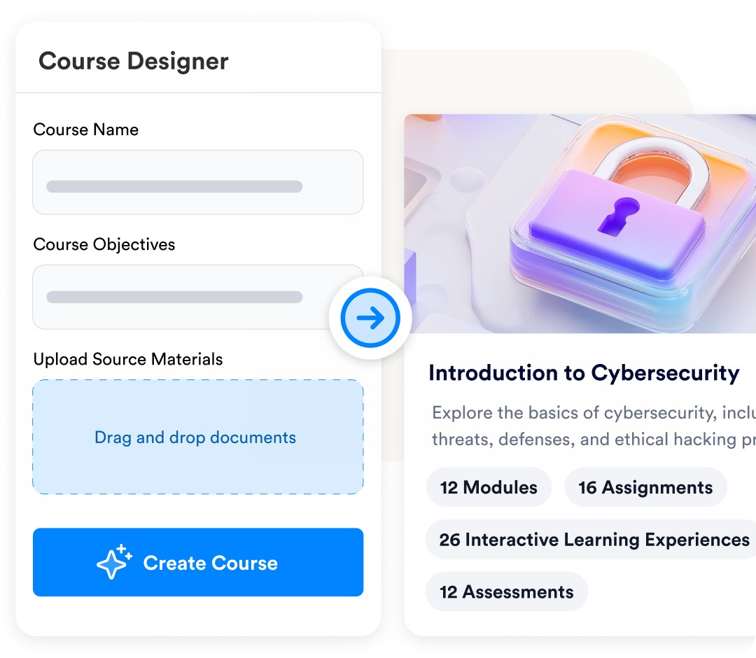 Axio’s Course Builder interface showing drag-and-drop tools and a sample cybersecurity course with modules, assignments, and interactive learning experiences.