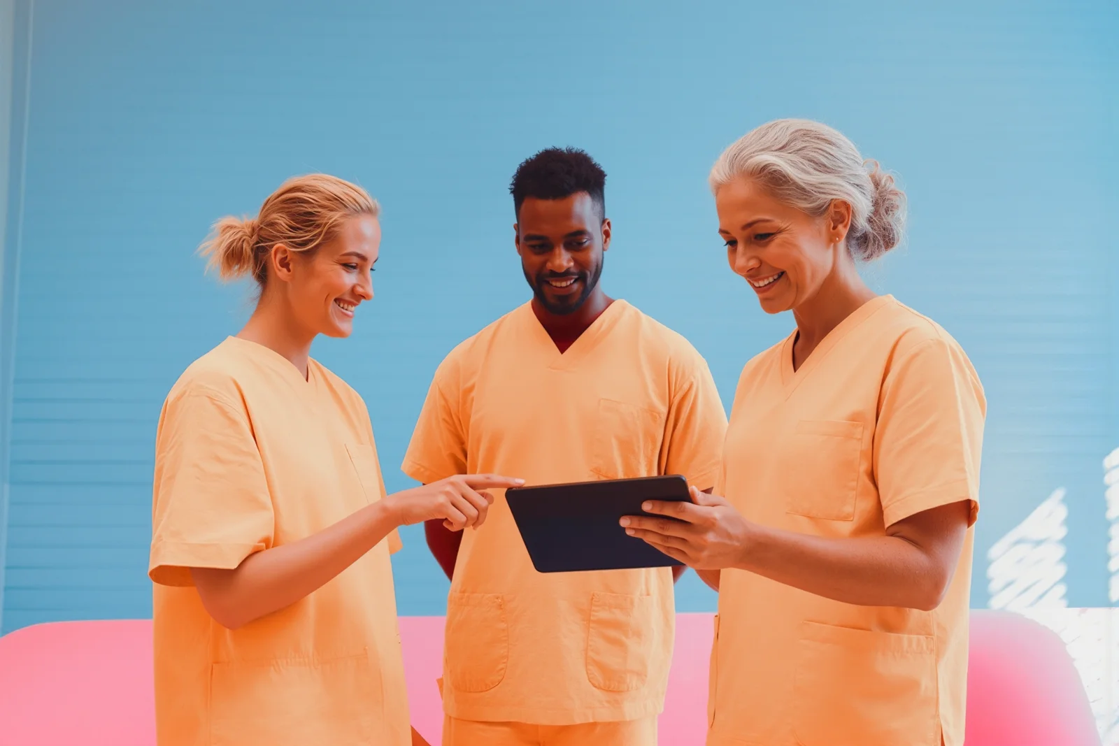 Healthcare professionals reviewing training analytics on a tablet, representing Synapti Health’s measurable ROI from value based care education and performance improvement.