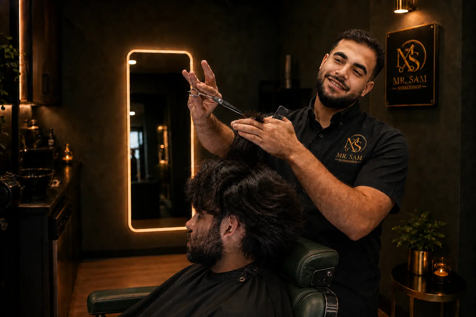 Mr. Sam using professional scissor-over-comb technique while cutting a client’s hair.