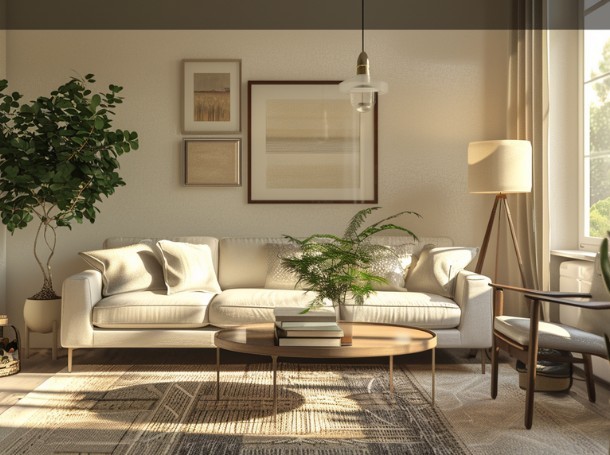 Przytulny salon w stylu nowoczesnym z jasną sofą, drewnianym stolikiem kawowym, roślinami doniczkowymi, lampą stojącą i obrazami na ścianie, oświetlony naturalnym światłem z dużego okna.