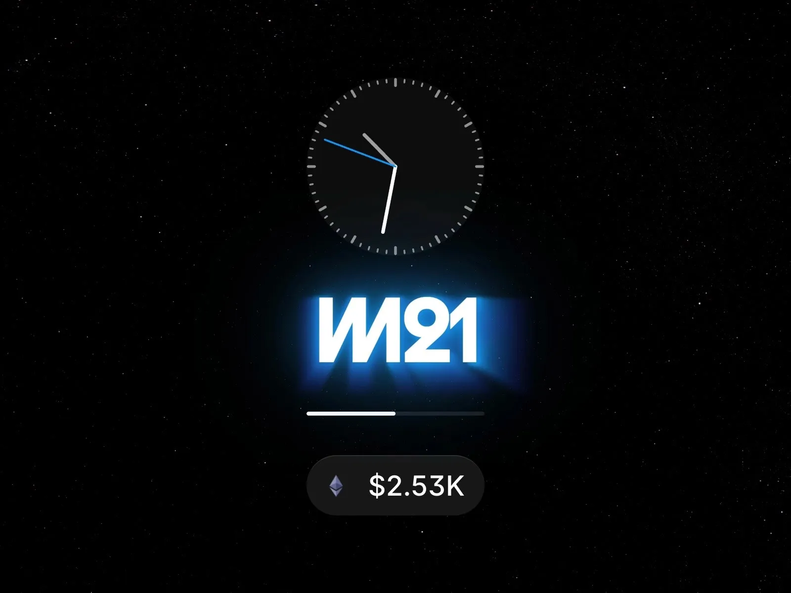 Clock above glowing "M21" text with a $2.53K value on black background.