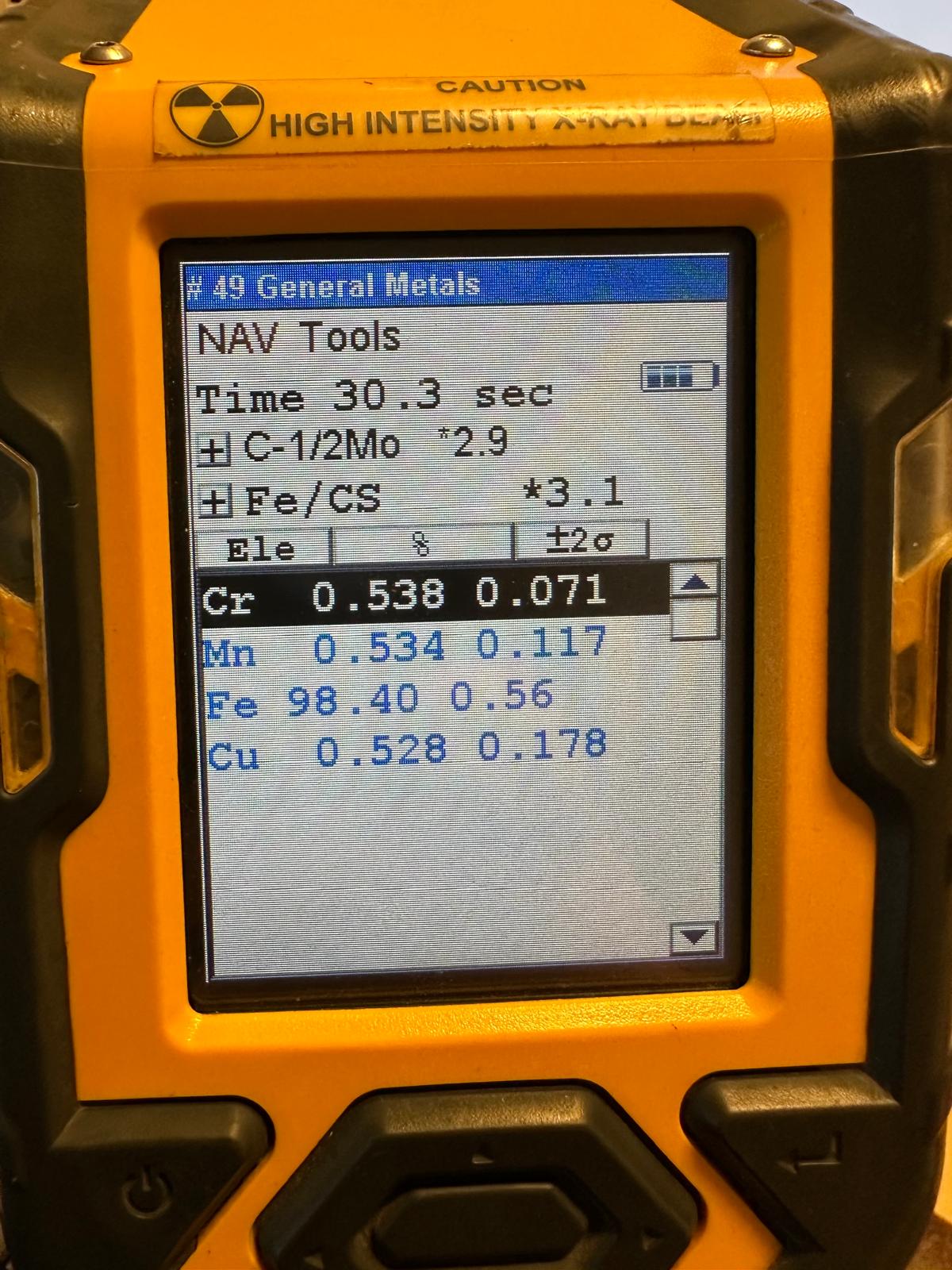 A close-up of a handheld metal analyzer's display showing readings: Cr 0.538, Mn 0.534, Fe 98.40, Cu 0.528. Device caution: "High Intensity X-Ray Beam."
