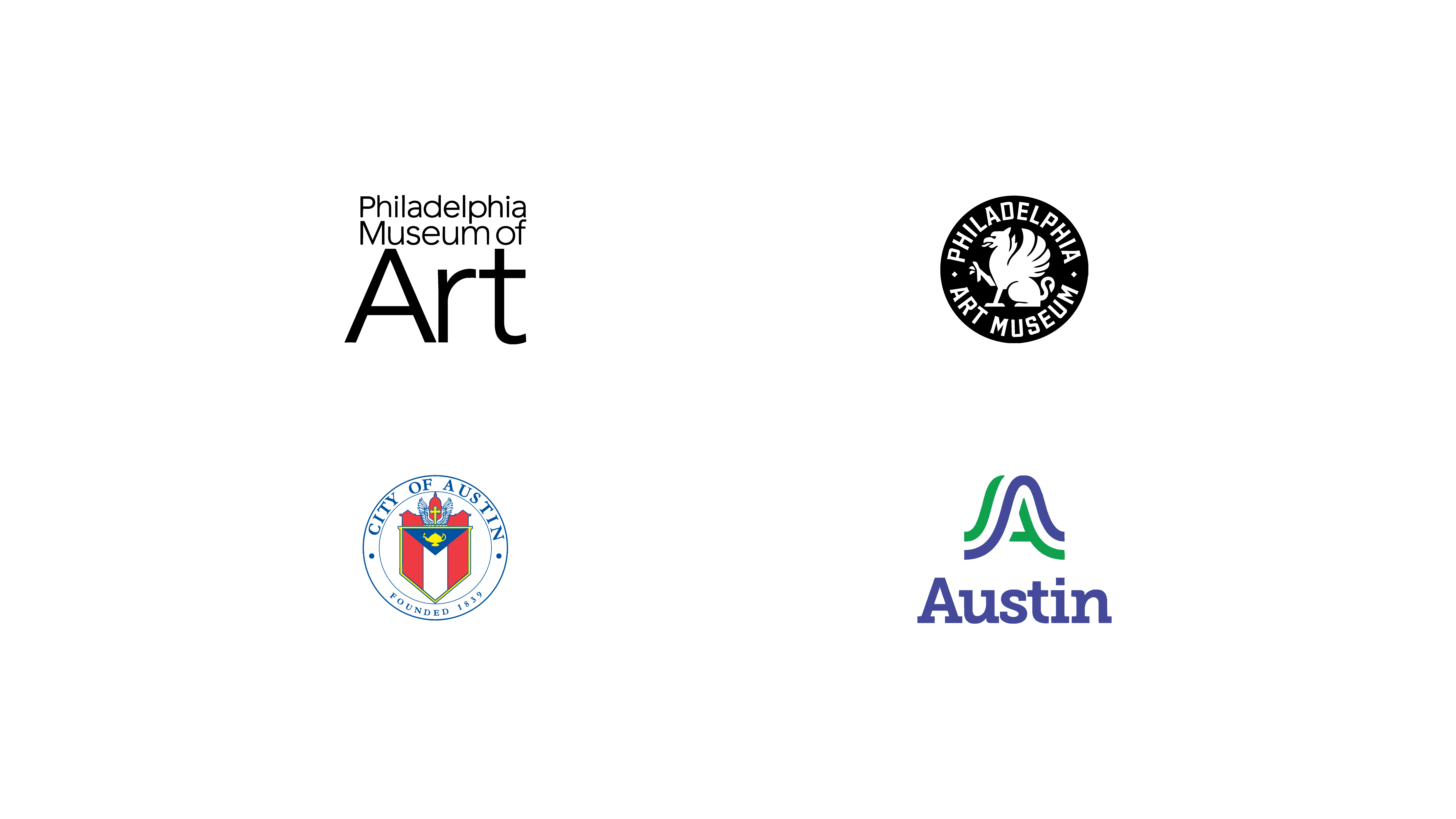 Logo comparisons for the Philadelphia Museum of Art and the City of Austin showing rebrand changes.