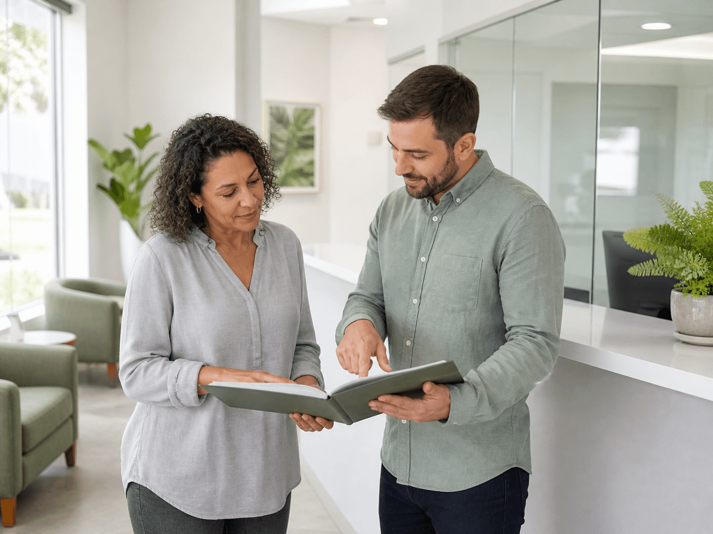 A visitor reviewing a folder with a care coordinator. AI-generated demo scene.