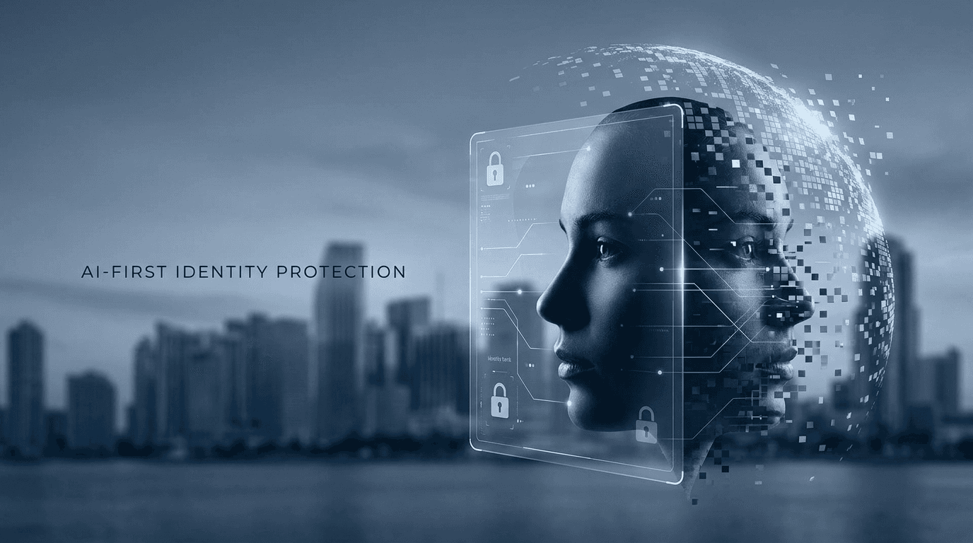 A digital face and data graphics form a futuristic human profile, symbolizing AI identity protection, set against an urban skyline background.