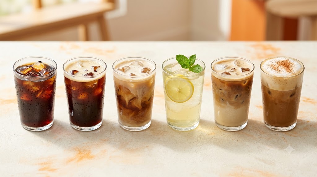 A refreshing lineup of six assorted iced beverages, including black coffee, an iced latte, lemonade with mint and a lemon slice, and a cold foam cappuccino, all in clear glasses on a light-colored counter.