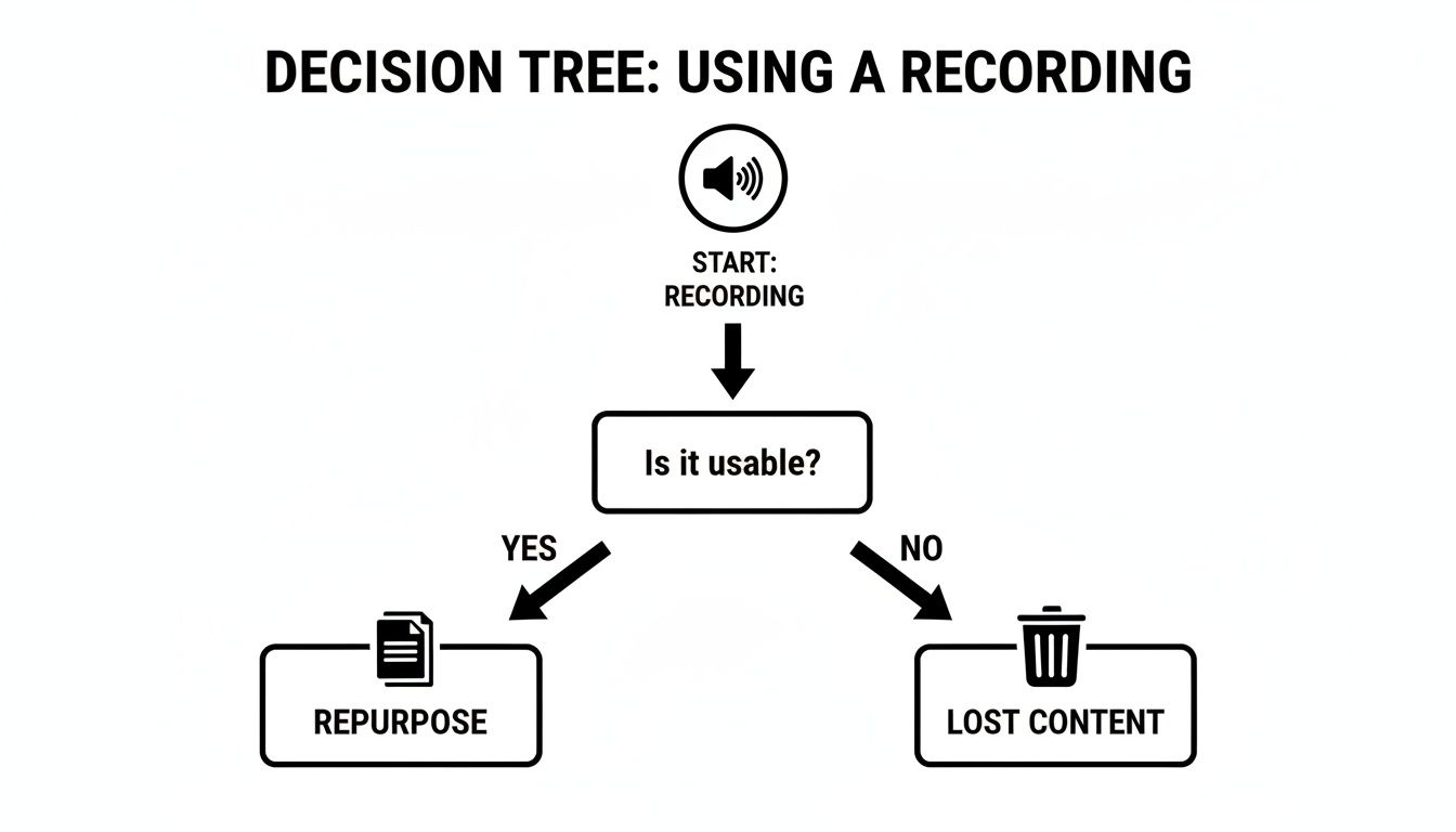 Decision tree flowchart for using a recording, leading to repurpose if usable, or lost content if not.