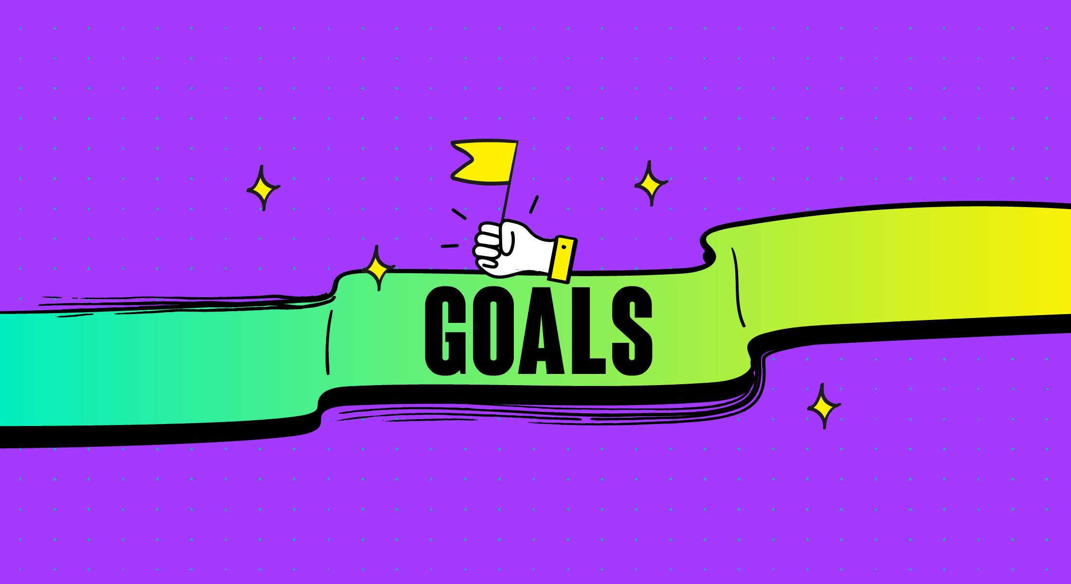 Wide purple banner with illustrated hand waving a flag above a green ribbon labeled Goals with sparkle accents