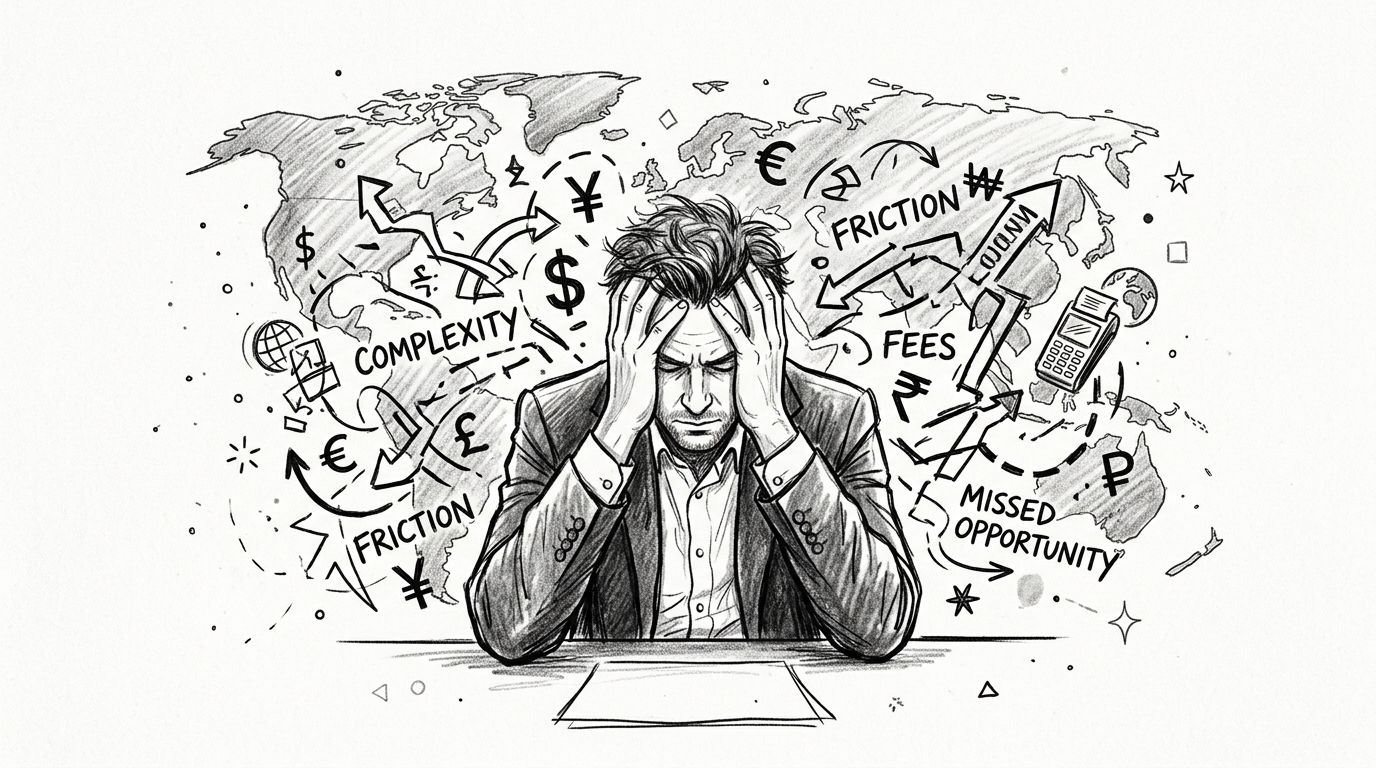 A distressed businessman overwhelmed by global finance, currency symbols, and business challenges sketched on a map.