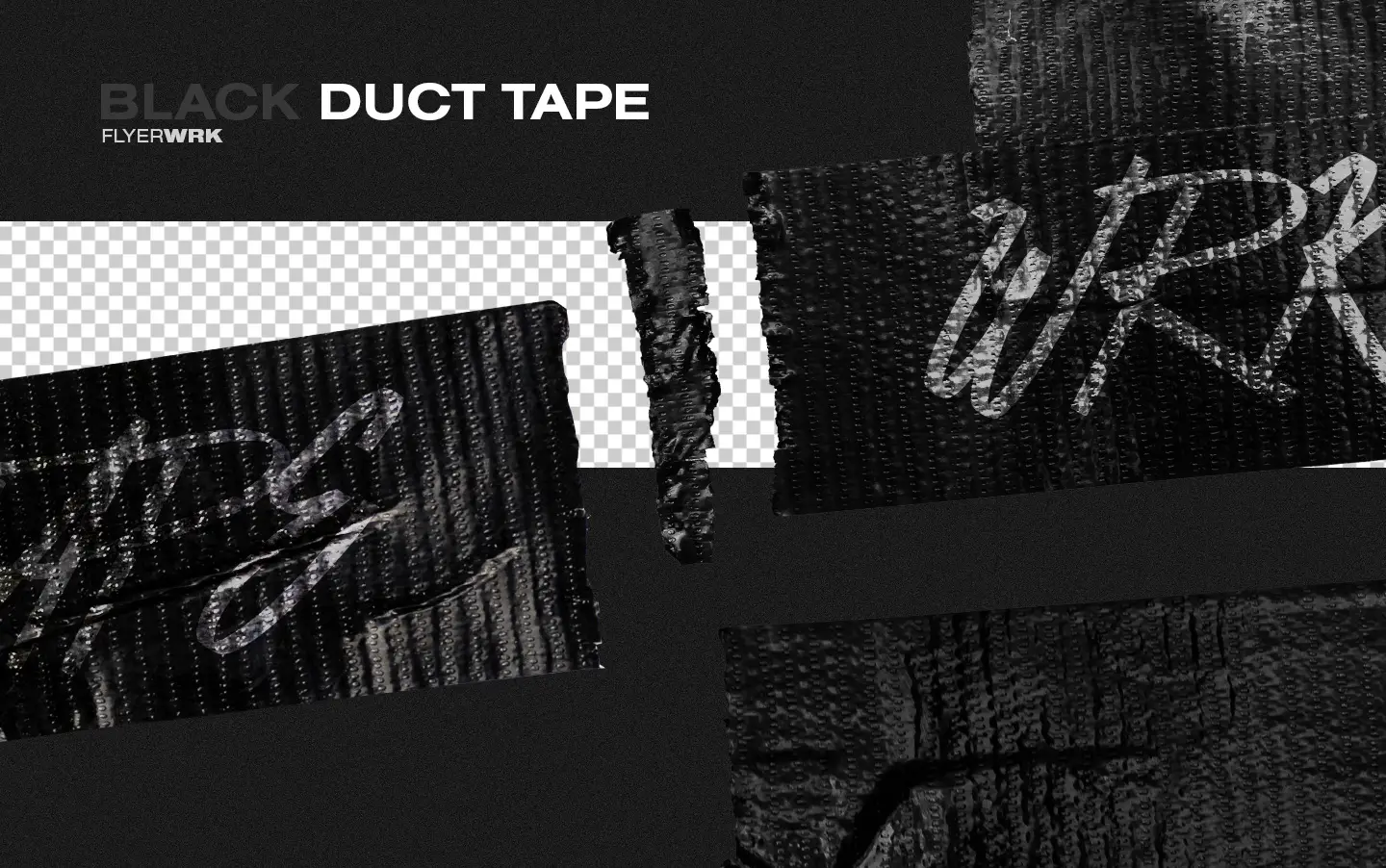 Isolated Adhesive Tape Pieces close up showing high resolution black duct tape texture with satisfying edges