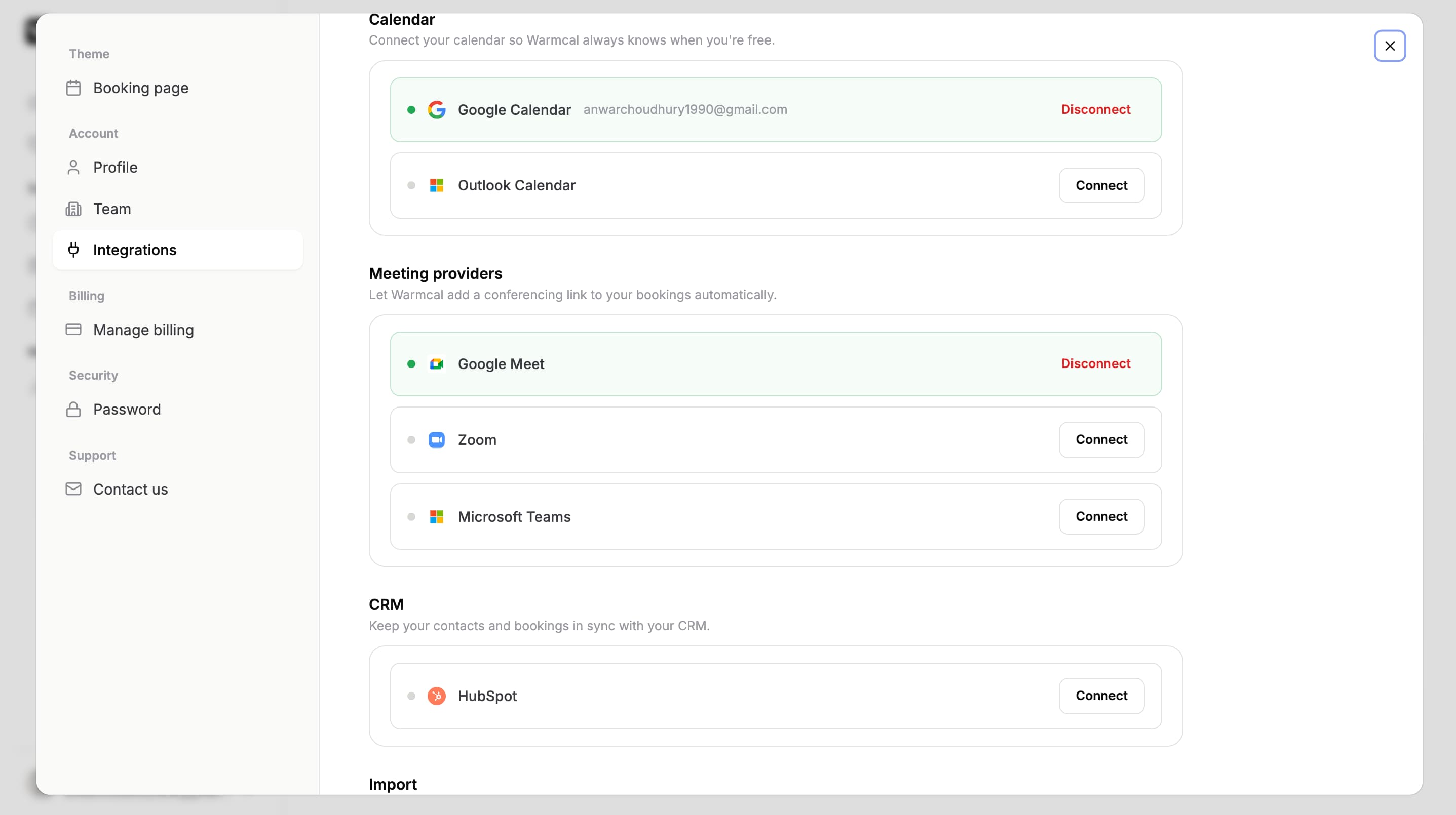 Warmcal integrations page showing connected apps and available integrations