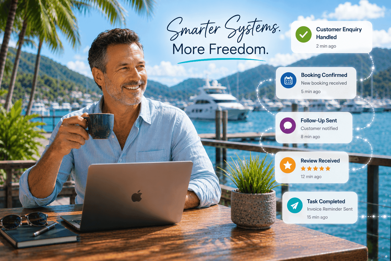 Professional business owner working remotely from a tropical marina café while automated business systems quietly manage customer enquiries, bookings, follow-up, reviews, and operations in the background — representing smarter systems, reduced stress, improved efficiency, and greater lifestyle freedom for local business owners.