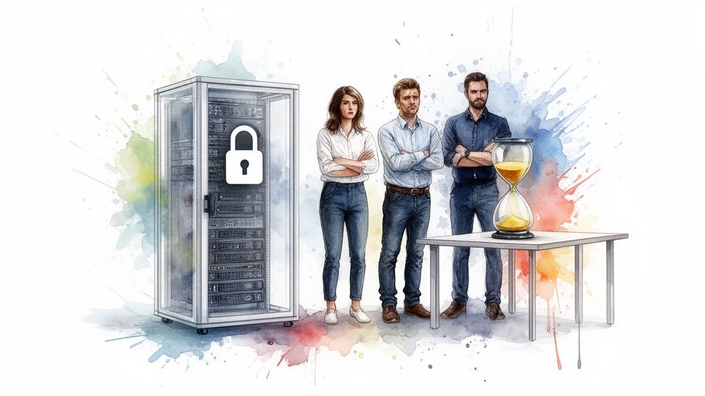 Three concerned professionals wait as an hourglass runs, beside a locked server rack, symbolizing data security and urgency.