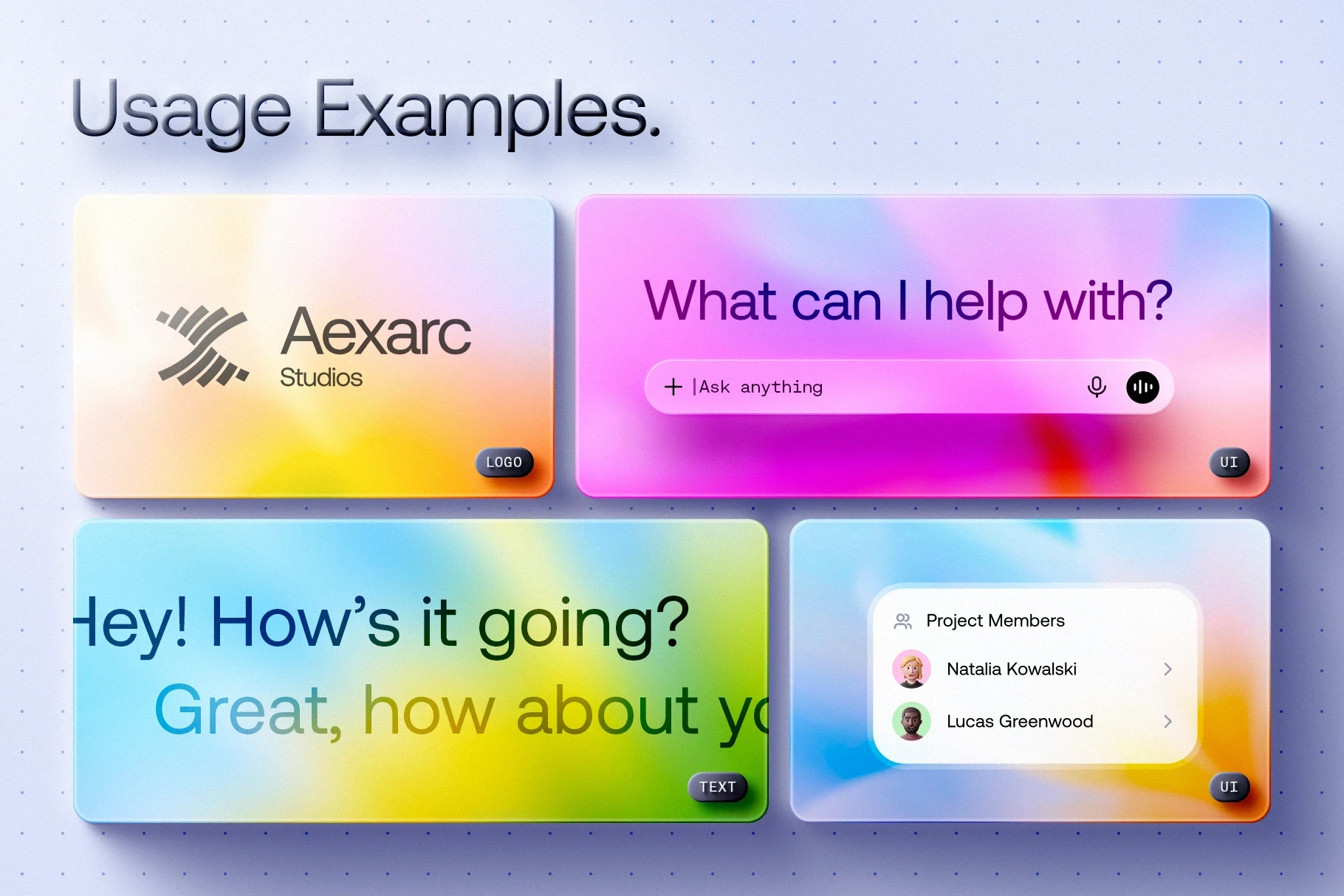 Modern UI layout examples displayed over vibrant Fleurox gradient backgrounds.