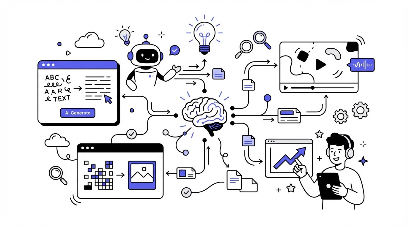 Abstract illustration of the AI-Powered Content Landscape, featuring glowing interconnected neural networks and high-speed data streams. Digital content elements like transforming text blocks, image fragments, and video frames are integrated within this dynamic, futuristic ecosystem, rendered in deep blues, purples, and greens with neon accents.