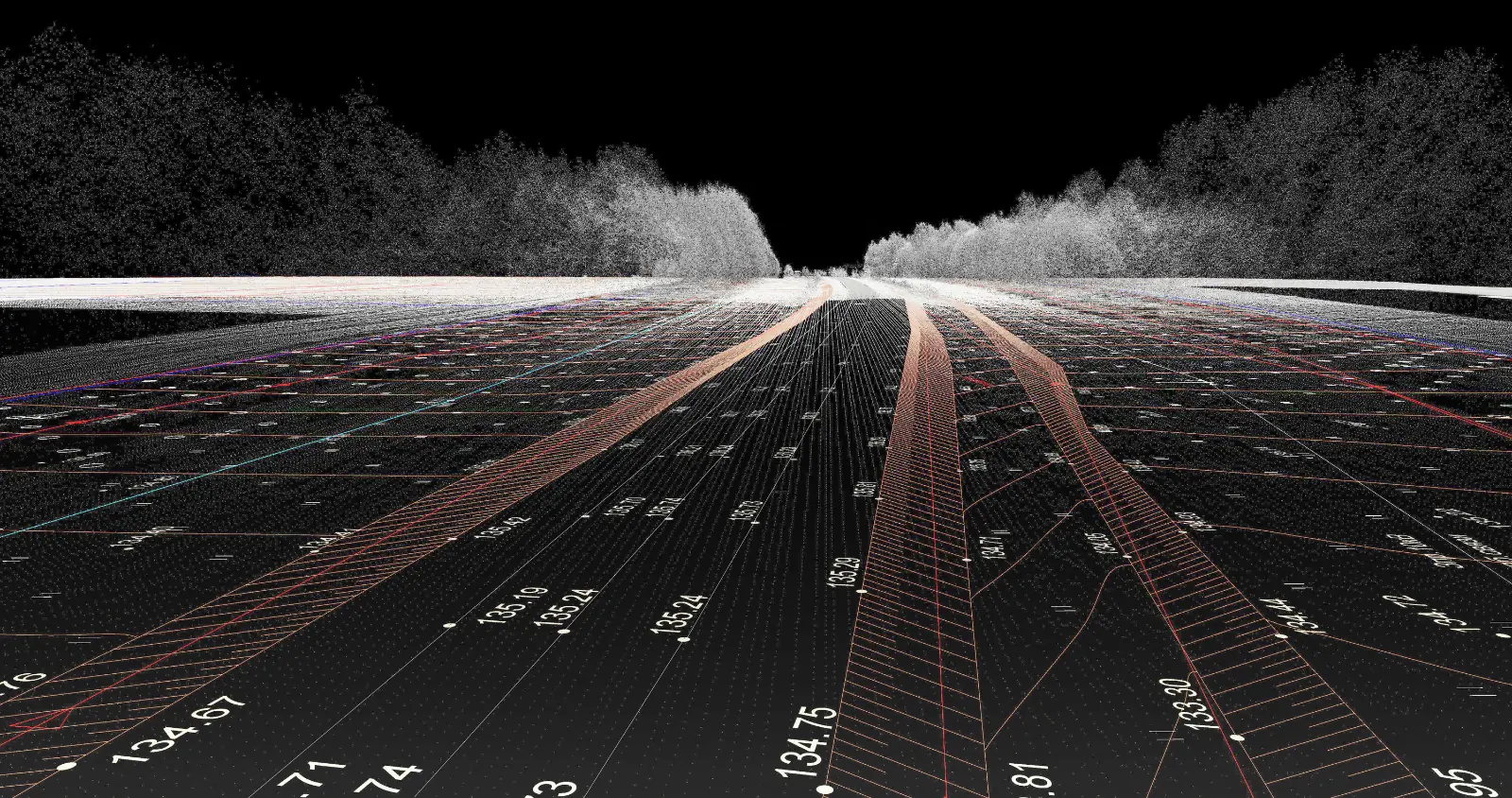 Digital visualization of road terrain data and elevations from a professional 3d scan survey.