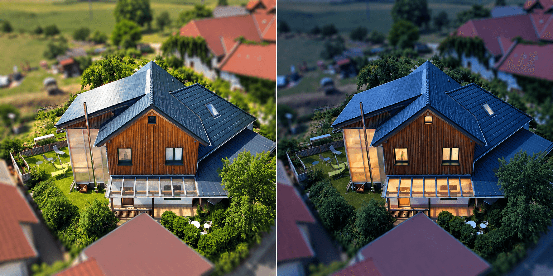 Haus am Licht als Unternehmensstandort – Gegenüberstellung von Tages- und Abendansicht