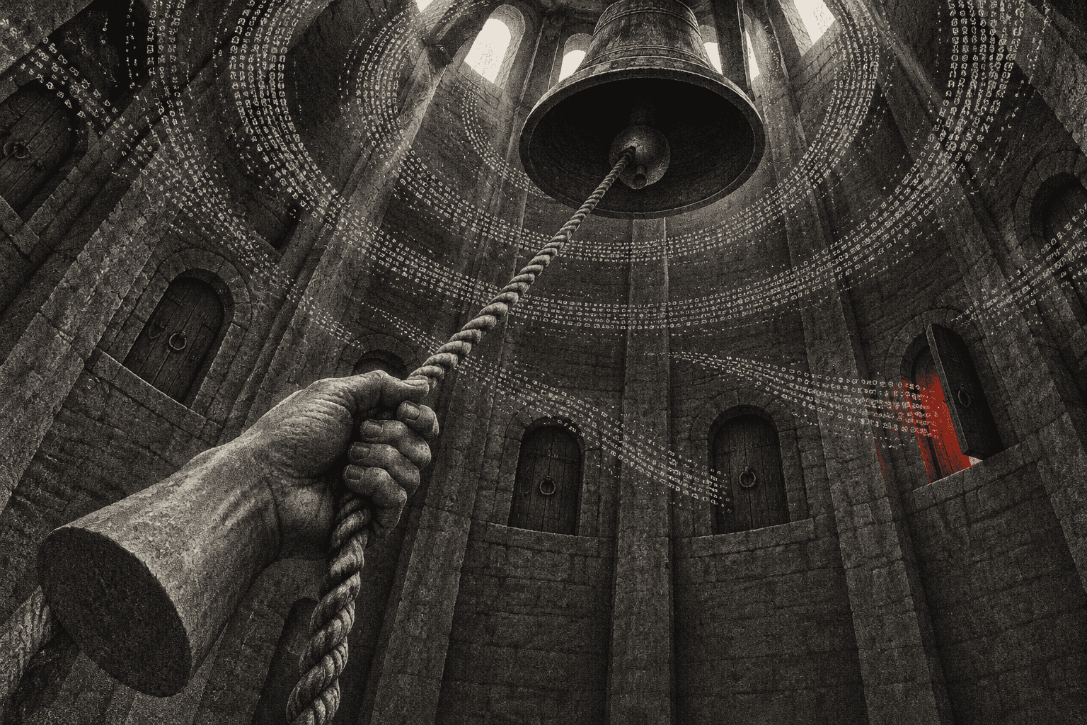 Dithered illustration of a marble hand pulling a bell rope in a Baroque tower, the bell's sound rippling out as rings of characters toward a row of doors, one of them red.