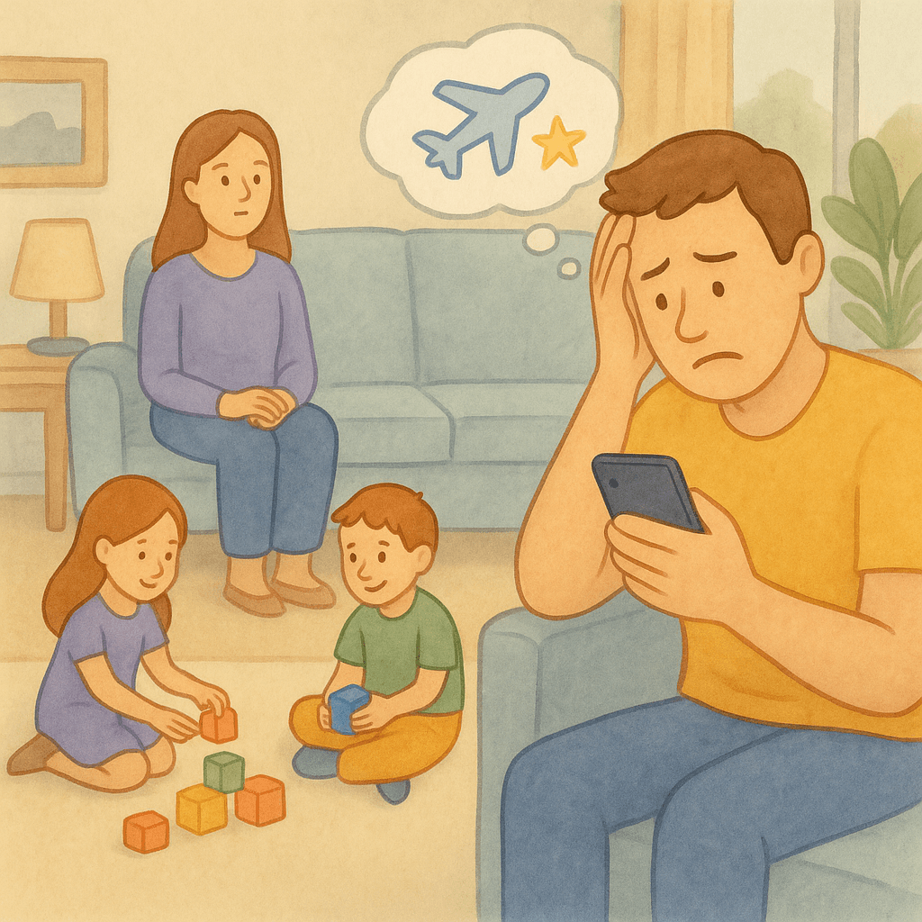 Ilustração de pai olhando o celular, frustrado por não ter milhas suficientes para viajar com a família usando pontos.